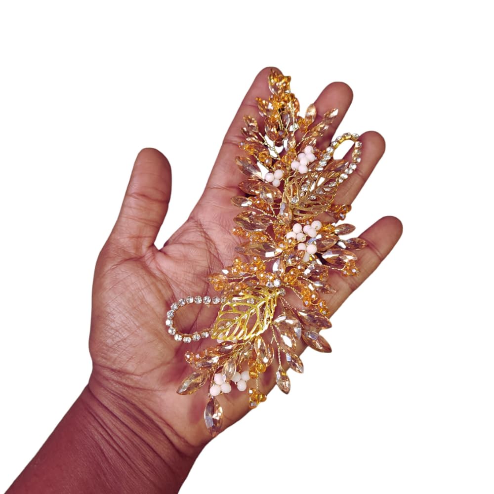 Handmade Crystal & Pearl Gold Leaf Bridal Hairpiece - Rhinestone Wedding Hair Accessories for Bride & Bridesmaids | Perfect for Wedding Reception & Special Occasions (Gold)