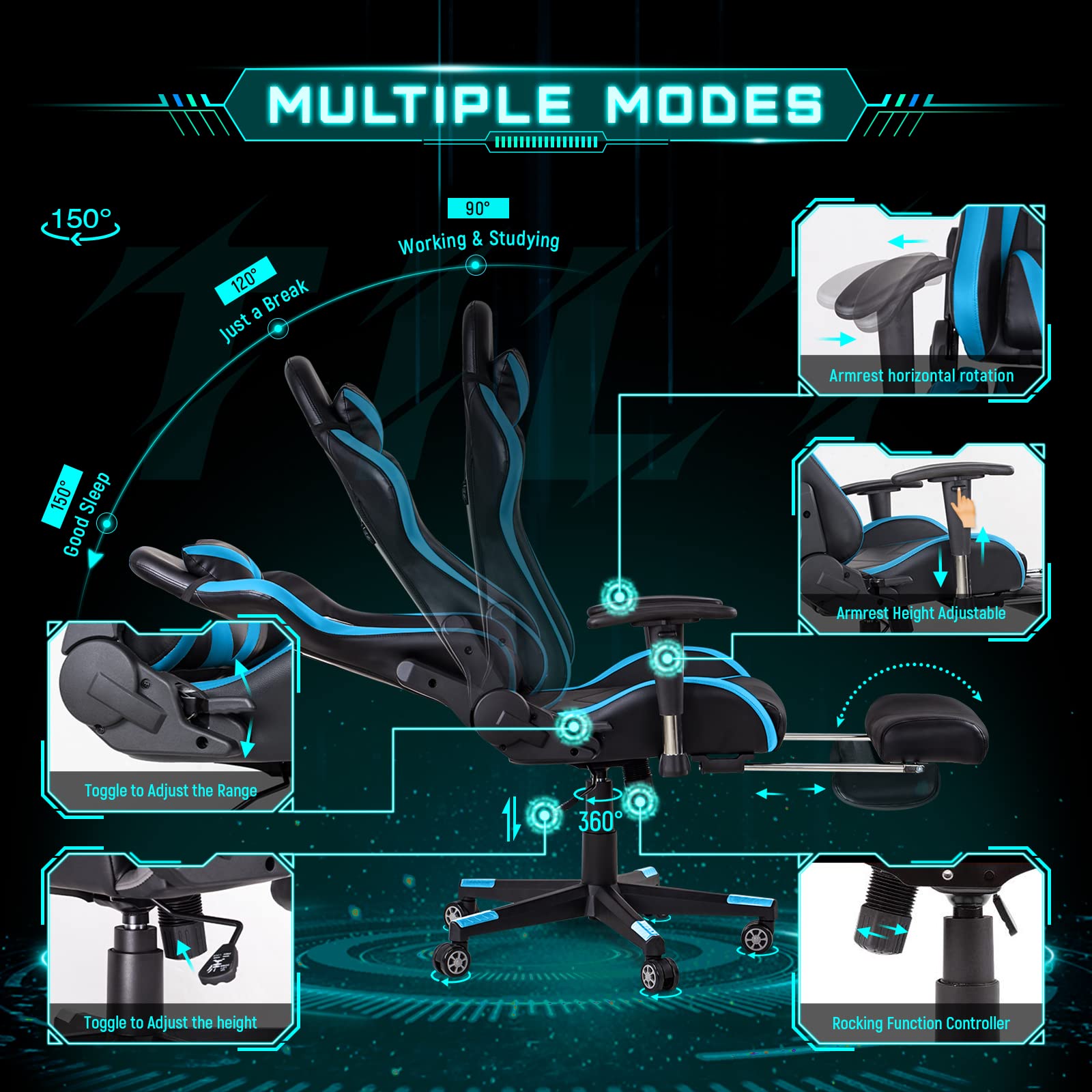 Premium Gaming Chair - High Back Ergonomic Racing Office Chair with Adjustable Height, Footrest & Lumbar Support - Swivel Computer Chair for PC Gaming, Streaming & Home Office (Black & Blue) - Perfect for Esports, Work from Home & Long Gaming Sessions