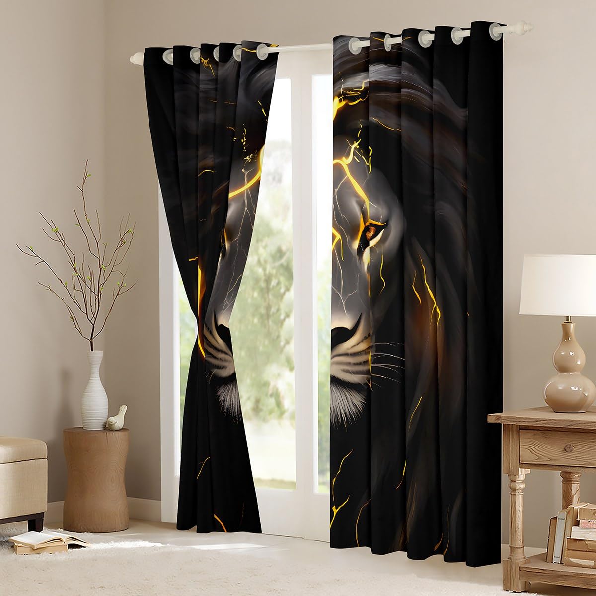 Gold Lion Head Window Curtains - Black & Grey Safari Animal Drapes for Bedroom & Living Room - 2 Panels 52x96 Inches - Perfect for Boys, Teens & Men - African Wildlife Theme Home Decor for Jungle & Adventure Style Rooms