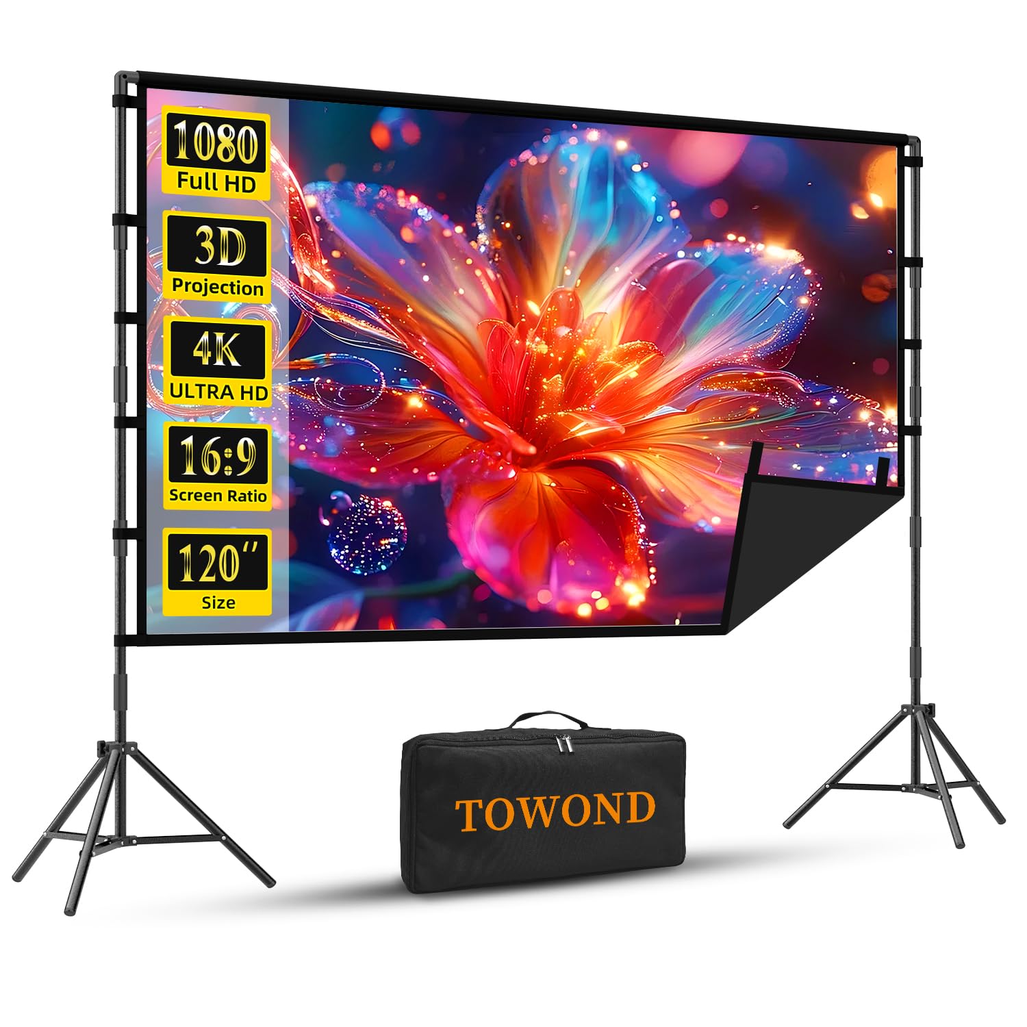 TOWOND 120 Inch Portable Projector Screen with Stand - 16:9 HD 4K Wrinkle-Free Outdoor Movie Screen with Black Backing & Carry Bag for Backyard, Indoor Home Theater and Camping Movie Nights