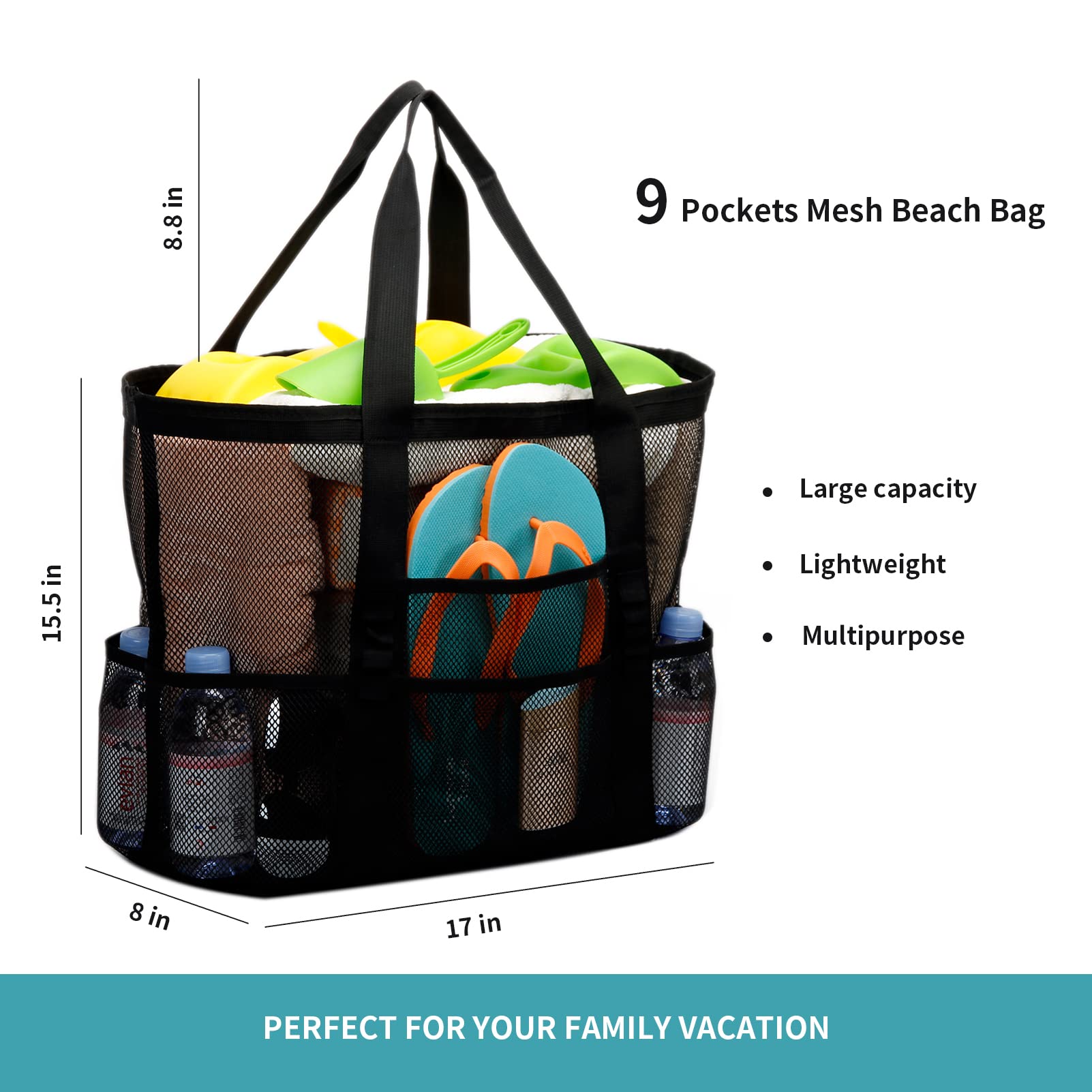 Large Mesh Beach Tote Bag - Sand Toy Storage, Family Travel & Grocery Shopping - Reusable & Durable for Pool, Beach, Picnic & Outdoor Activities