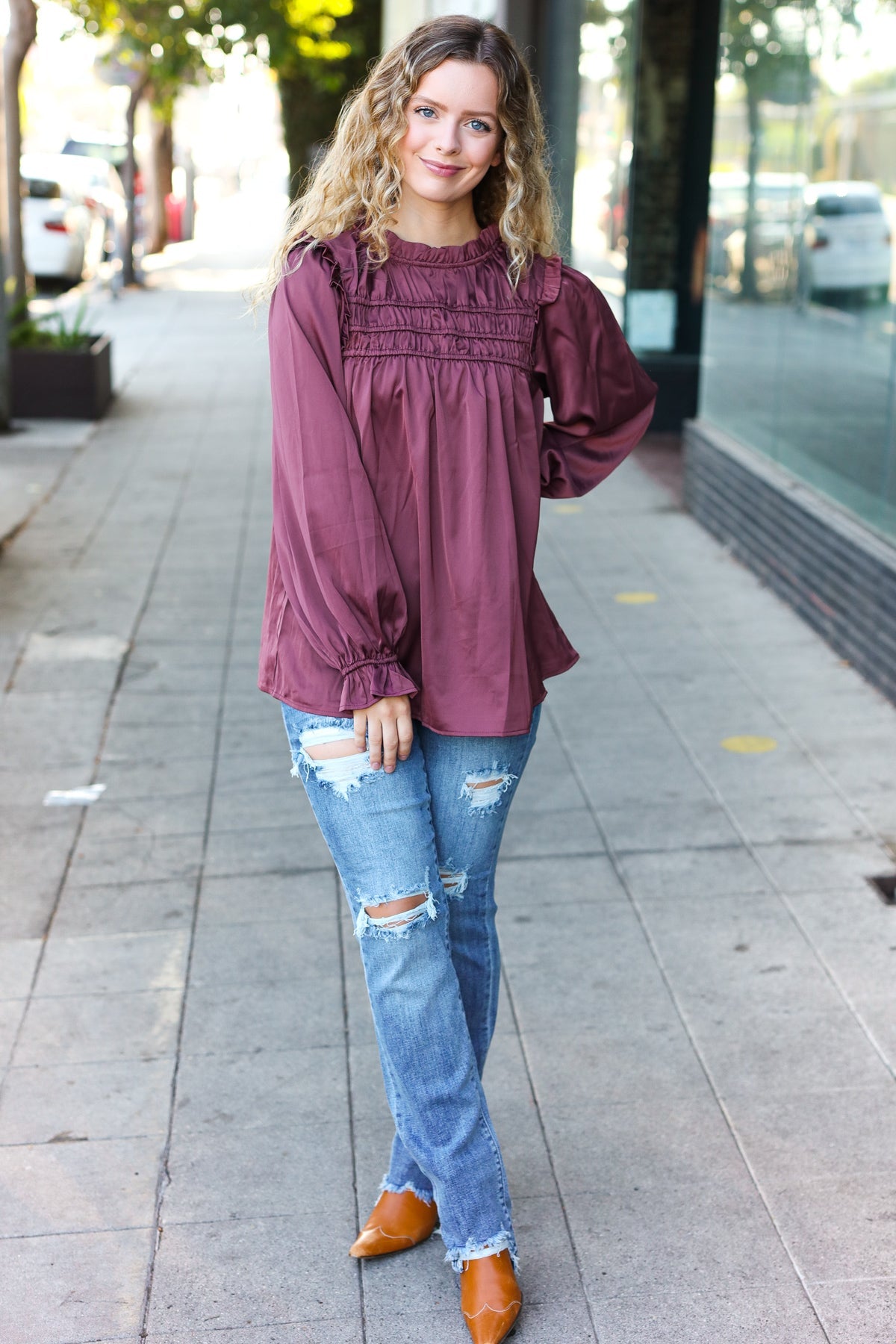 Stylish Wine Satin Shirred Yoke Frilled Mock Neck Top for Women | Elegant Blouse for Date Night, Parties & Special Occasions