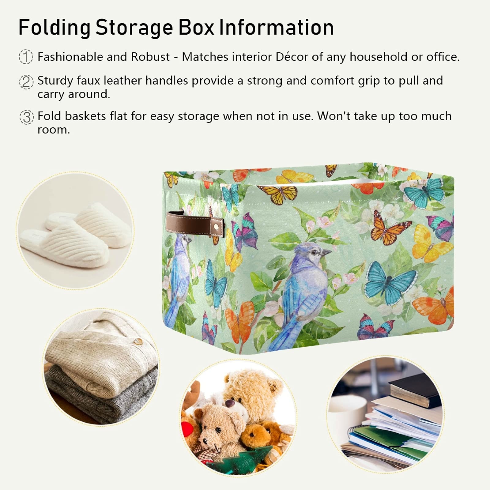 Collapsible Storage Basket with PU Handles - Waterproof Nursery & Laundry Organizer (2 Pack) | Butterfly & Bird Design in Turquoise | Perfect for Baby Rooms, Bathrooms & Closet Organization