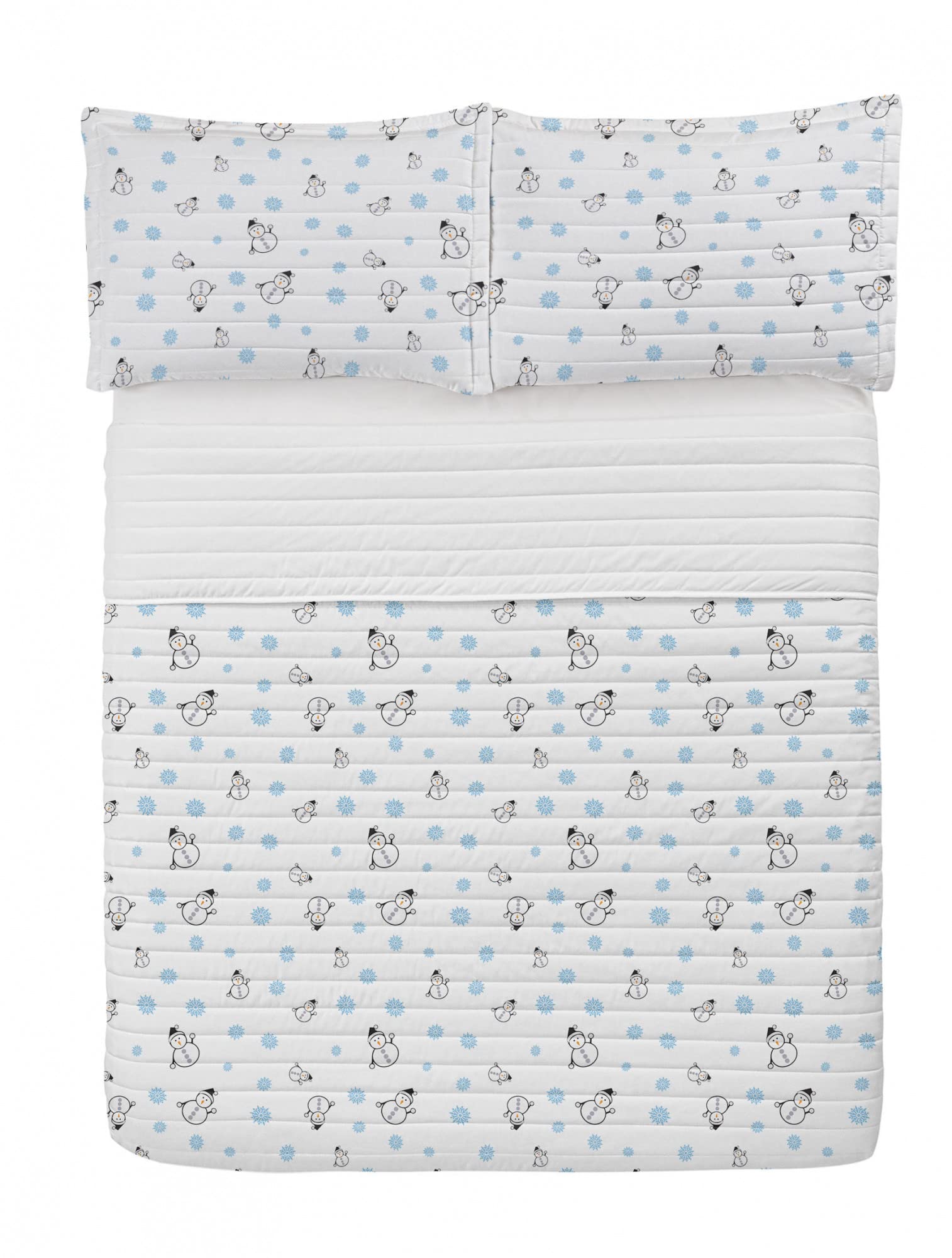 Ambesonne Winter Microfiber Bedspread Set - Funny Cartoon Snowmen & Snowflakes Pattern Queen Size Bedding with Pillow Shams & Comforter in Pale Blue Grey White | Soft Warm Bedroom Decor for Christmas & Holiday Season