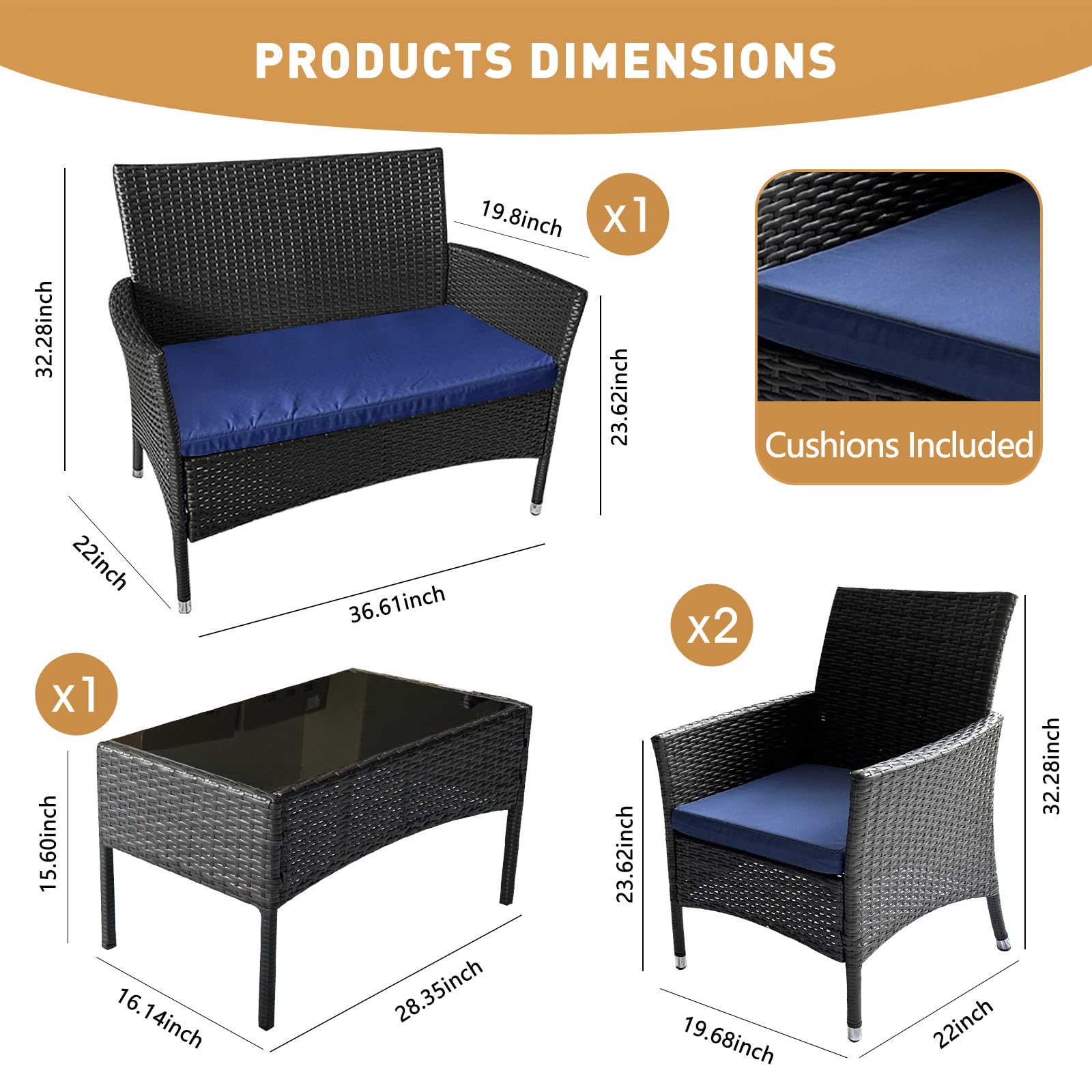 4-Piece Outdoor Sectional Patio Furniture Set with Rattan Wicker Chairs & Comfortable Cushions - Coffee/Blue - Perfect for Backyard, Garden, Poolside & Outdoor Entertaining