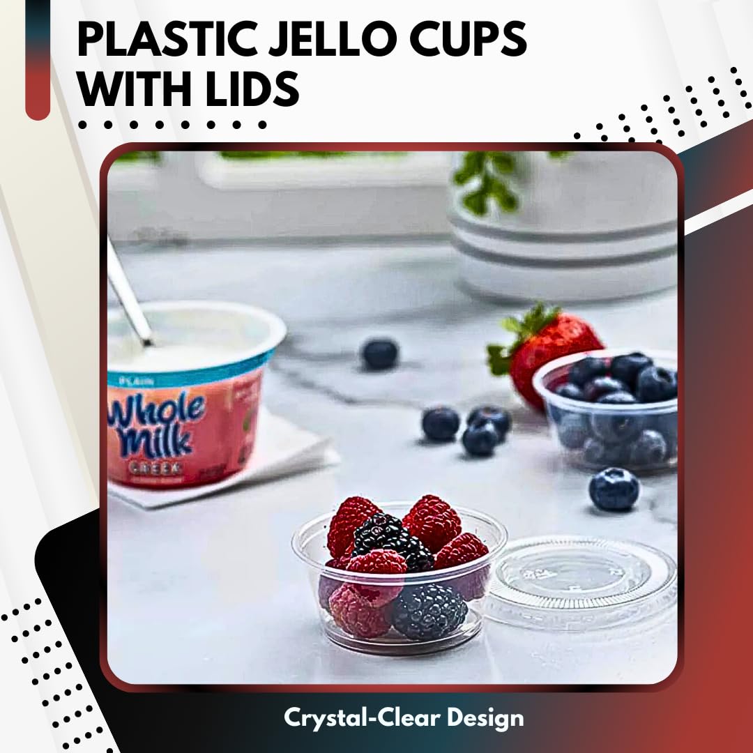 2 oz. Disposable Plastic Jello Shot Cups with Lids - 100 Pack | Small Portion Containers for Souffle, Condiments, Salad Dressing & Dipping Sauces | Perfect for Parties, Catering, Restaurants & Portion Control