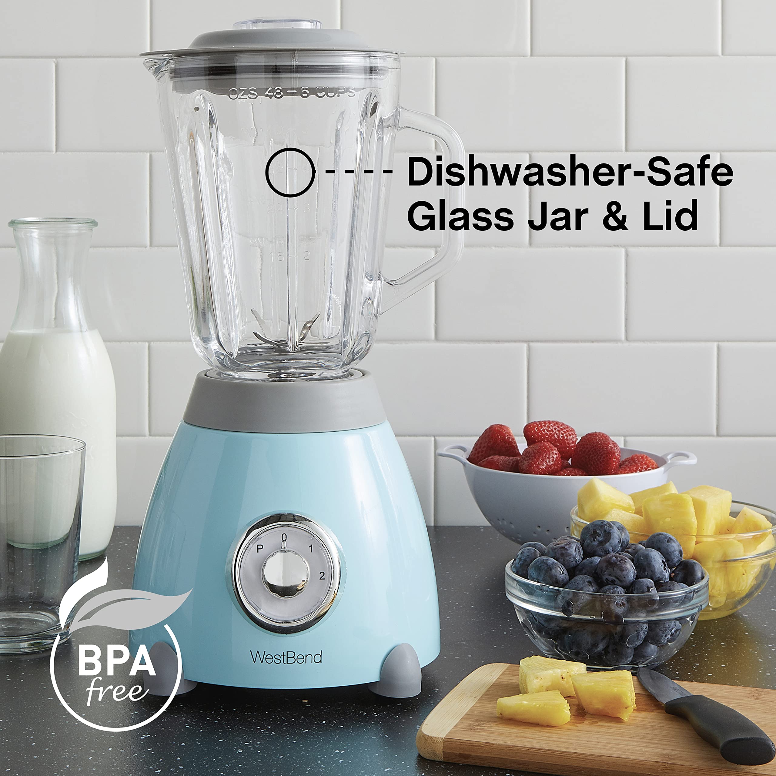 West Bend Retro-Style 500-Watt Blender with 48oz Glass Jar & Stainless Steel Blade - 3 Speed Settings for Smoothies, Shakes & Food Prep - Vintage Blue Countertop Blender for Kitchen, Bar & Healthy Lifestyle
