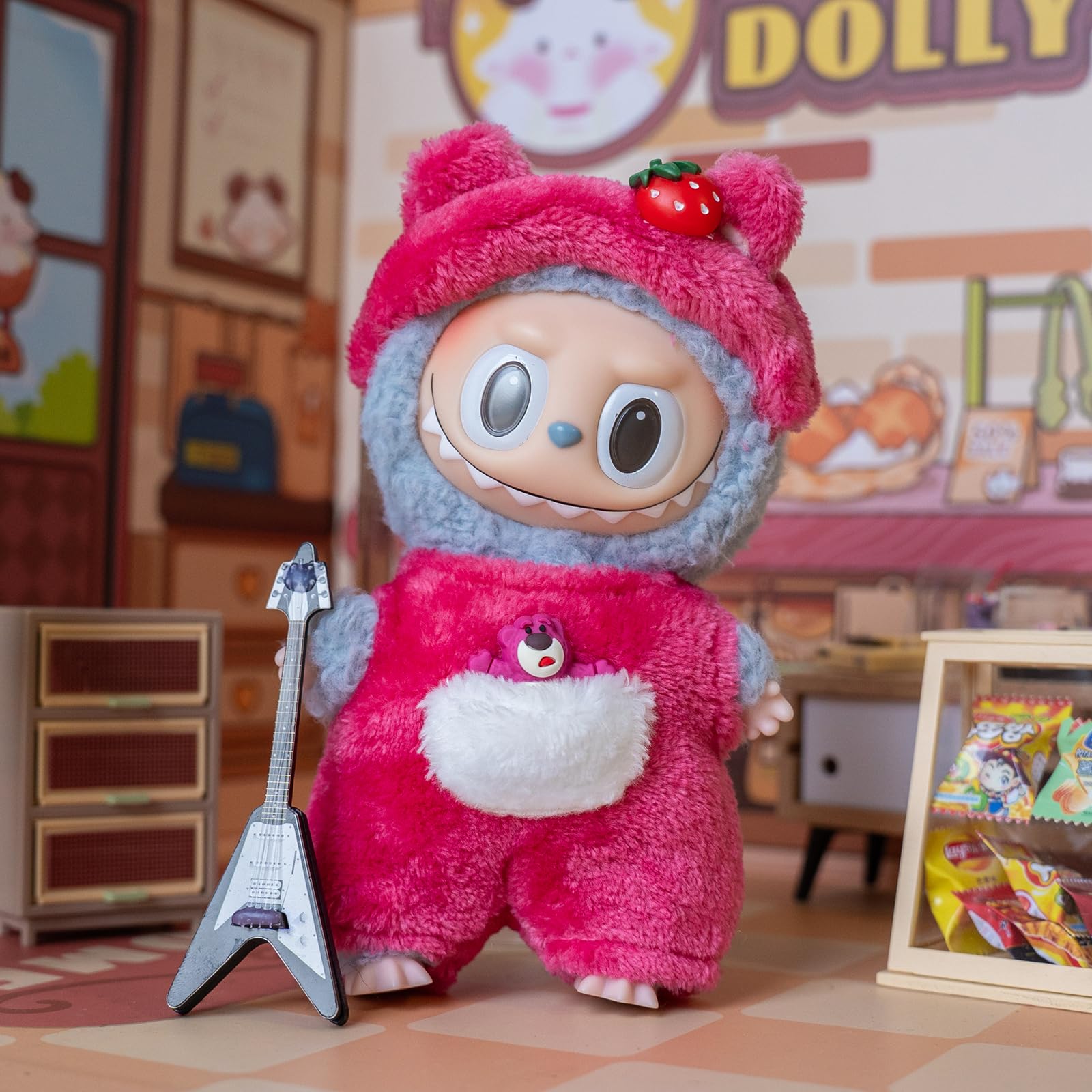 CALEMBOU Plush Doll Clothes for 17cm Labubu - Cute Cartoon Animal Series Outfit, Kawaii Strawberry Bear Costume (Clothes Only) | Perfect Birthday Gift & Collectible Doll Accessories for Display & Play
