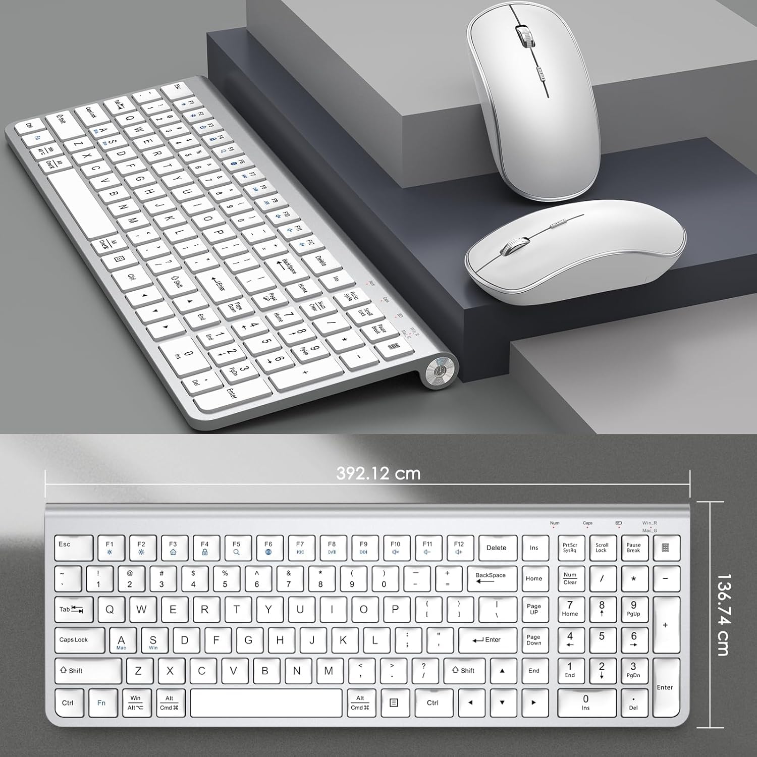 Upgraded Wireless Keyboard and Mouse Combo - Ergonomic, Dustproof, Portable with Number Keypad, Adjustable DPI for Laptop & PC (Windows/Mac) - Silver White - Perfect for Office, Home & Gaming Use