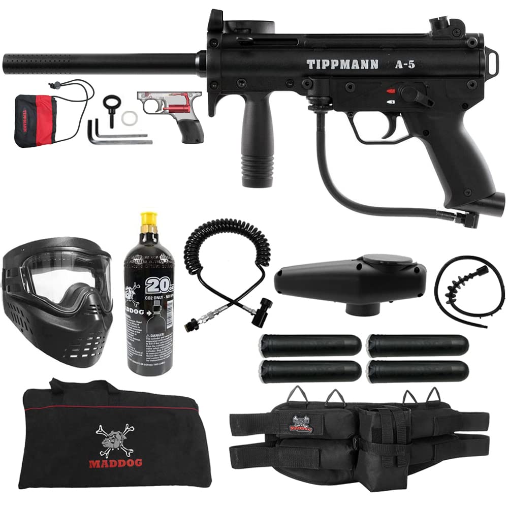 Tippmann A-5 Specialist Paintball Gun with Response Trigger - Maddog Black Marker Starter Kit | Perfect for Woodsball, Speedball & Tournament Play