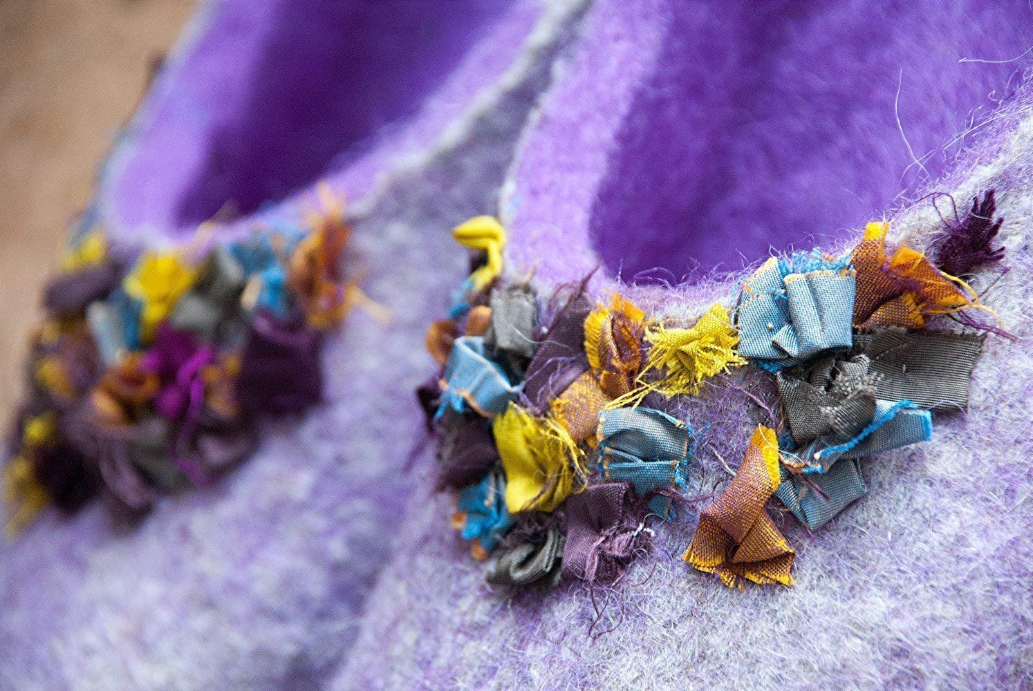 Handmade Women's Wool Slippers with Indian Silk Ribbons - Cozy Winter House Shoes for Women - Perfect Mother's Day Gift & Birthday Present for Her