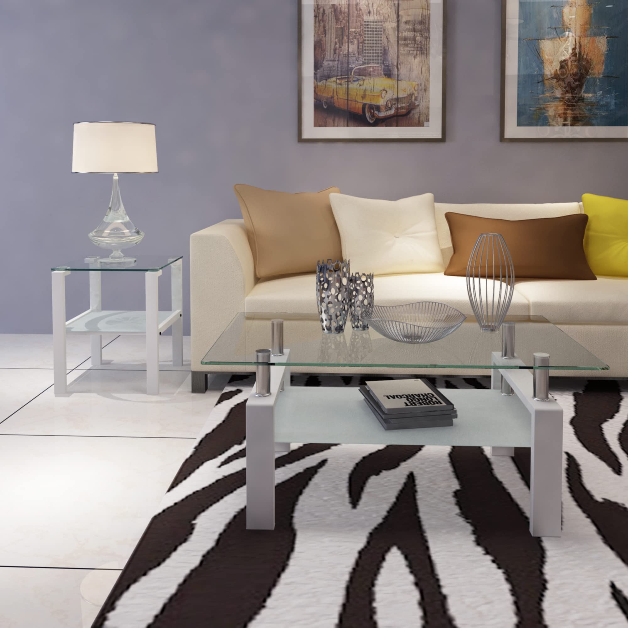 Modern Glass Coffee Table Set of 3 - Living Room End Tables with Storage, Black Metal Leg Rectangle Center Table - Tempered Glass Sofa Side & Corner Tables for Home Decor (White) | Perfect for Small Spaces, Apartments & Contemporary Living Rooms
