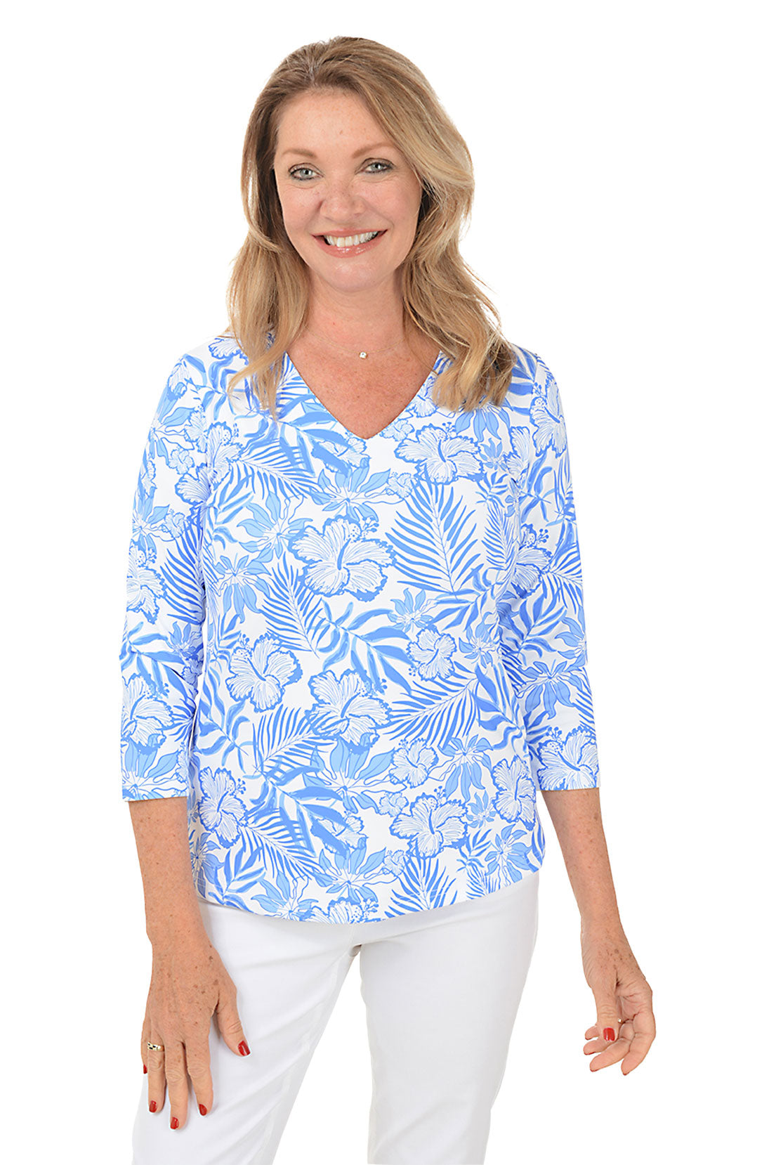 Hibiscus Garden Classic UPF50+ V Neck Top - Sun Protection Women's Shirt for Beach, Pool & Outdoor Activities