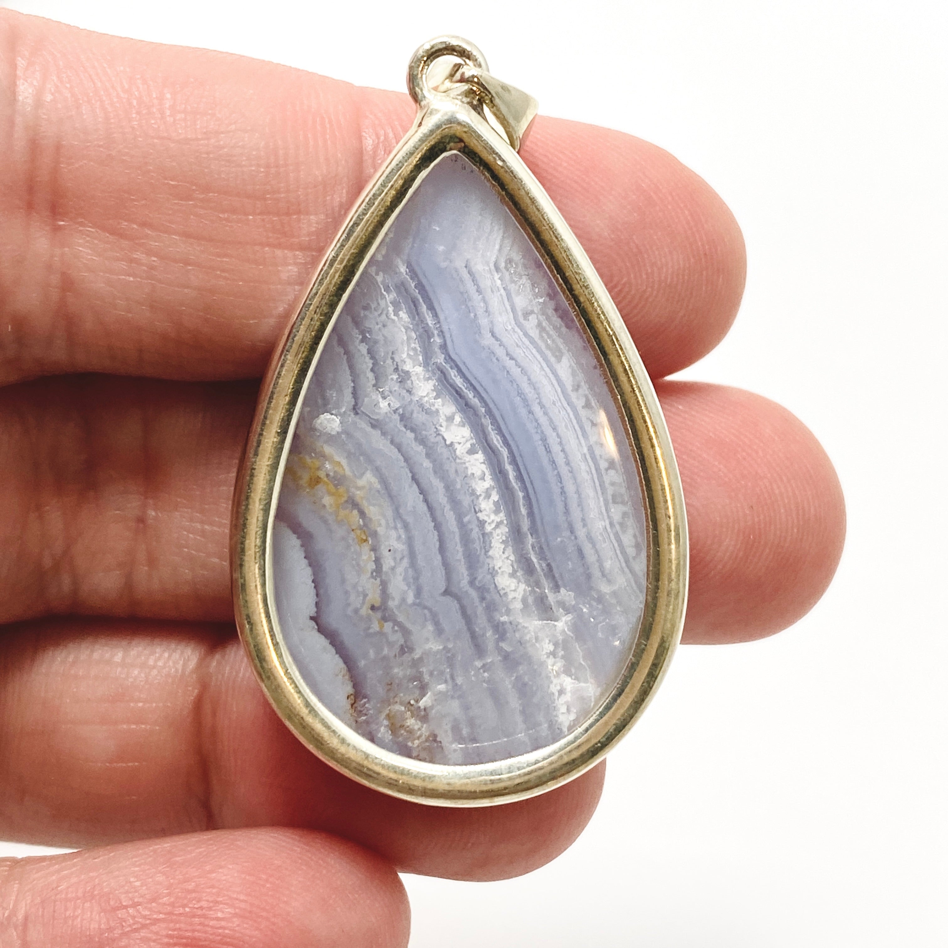 Blue Lace Agate Teardrop Cabochon Pendant in Hammered Silver Setting - KPGJ4831 | Handmade Jewelry for Women, Boho Chic Necklace for Everyday Wear & Special Occasions