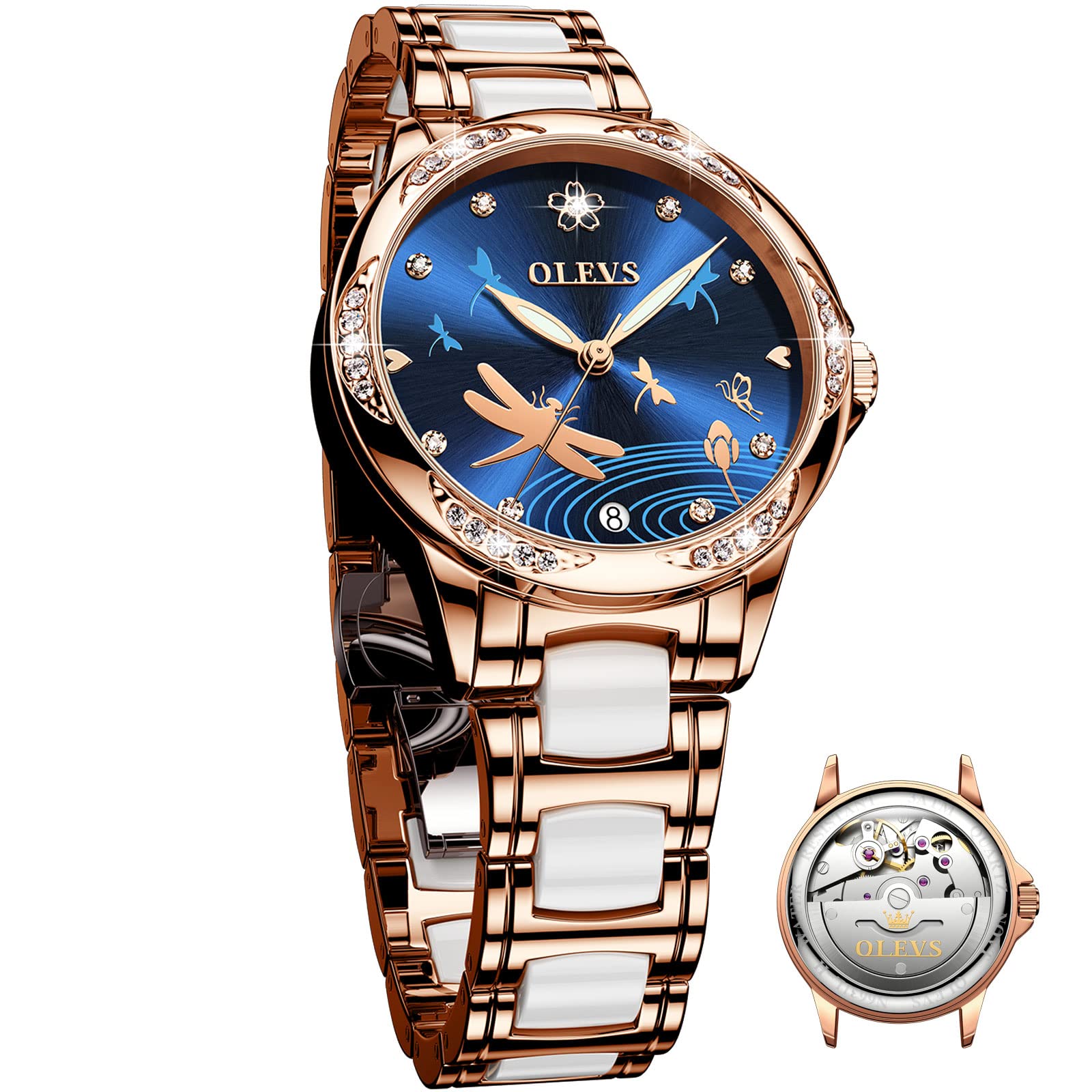 OLEVS Women's Elegant Automatic Watch - Self Winding Diamond Waterproof Watch with Large Face, Two-Tone Stainless Steel & Ceramic Band | Perfect for Business, Party & Everyday Wear