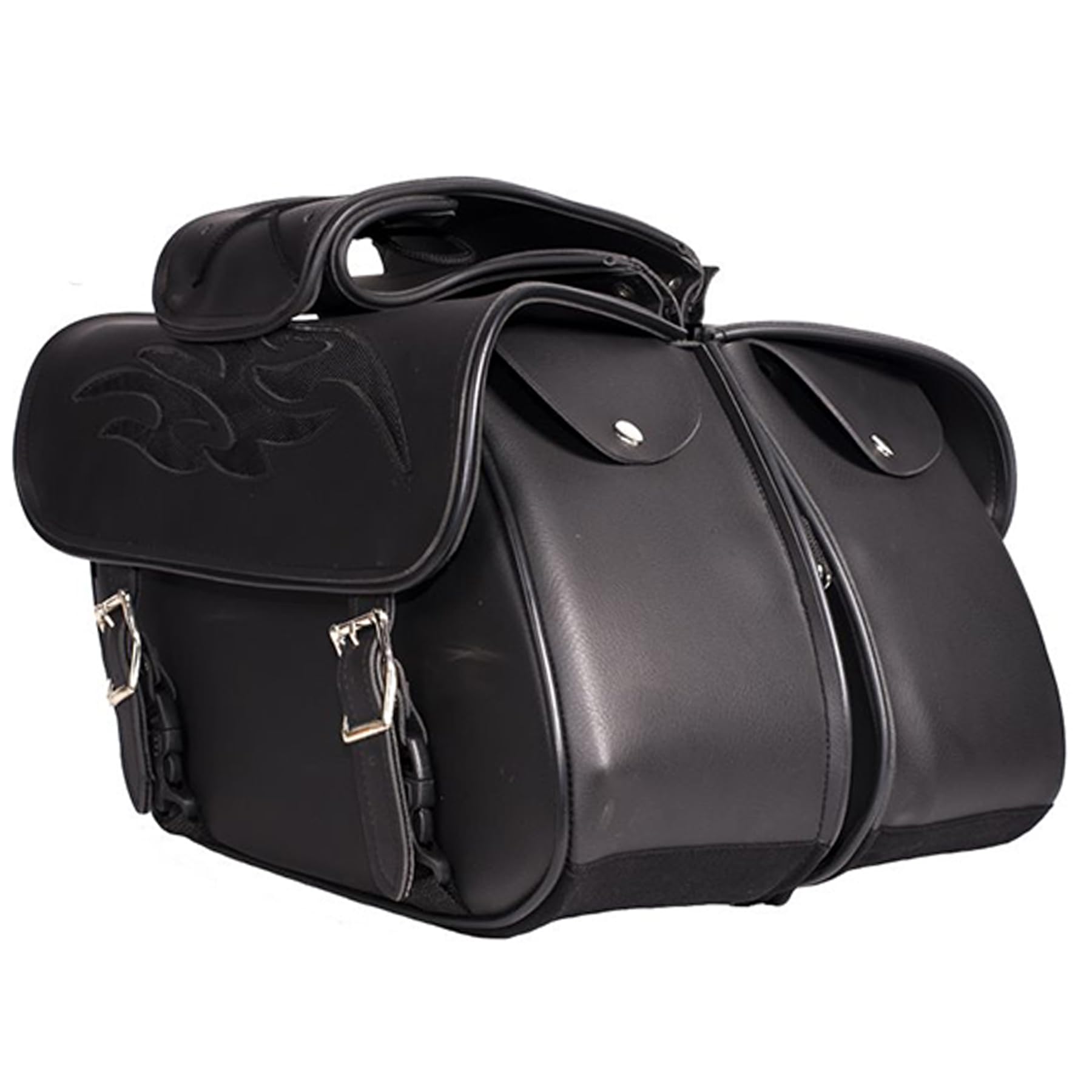 Dream Apparel Faux Leather Motorcycle Saddle Bags - Waterproof PVC Throw Over Side Bags for Honda Shadow, Sportster, Softail & Dyna V-Star Cruisers (Black No Studs) - Perfect for Road Trips & Daily Commuting
