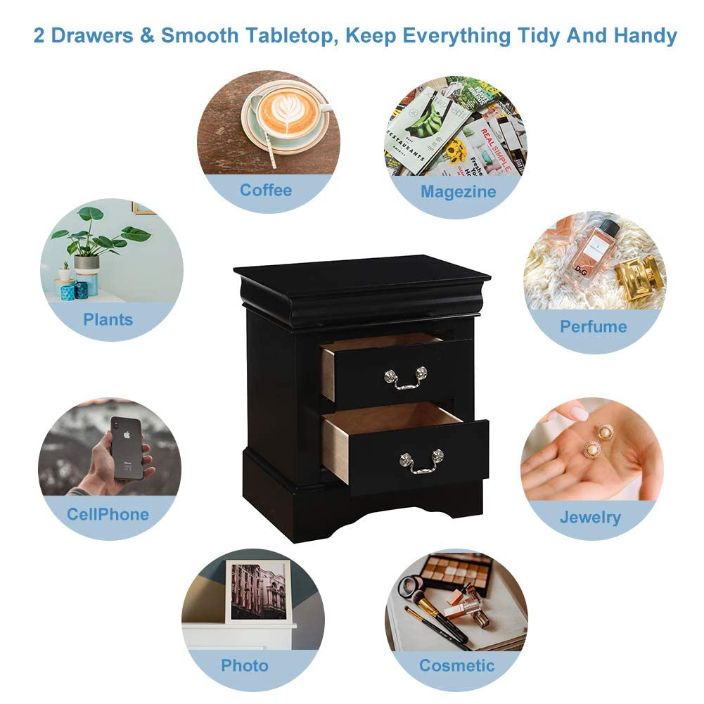 Henf 2-Drawer Nightstand - Traditional Rectangular Wooden Bedside Table for Bedroom, Black | Perfect for Small Spaces, Apartment Living & Guest Rooms