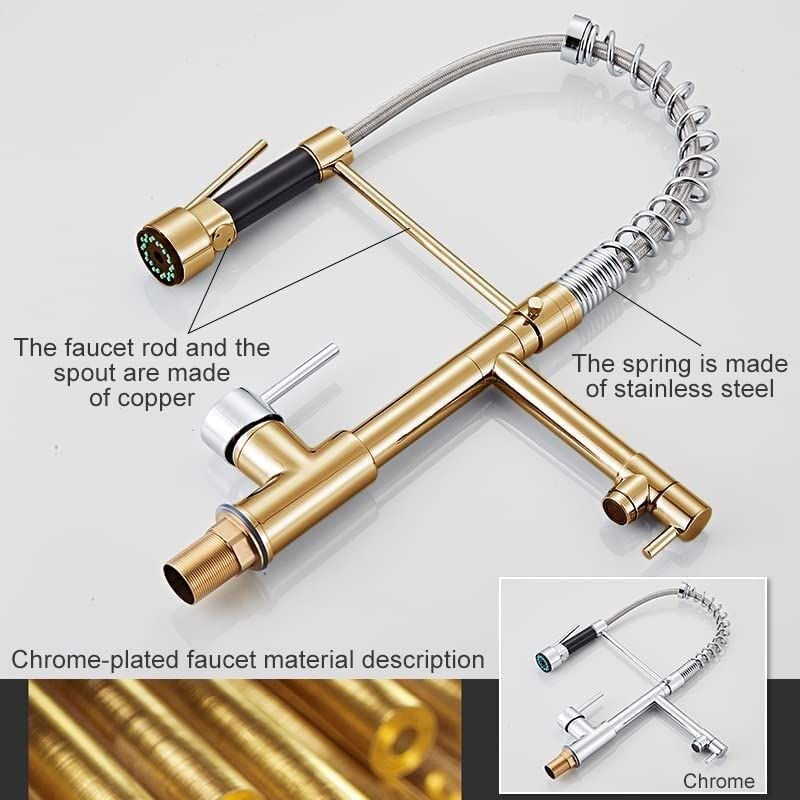 KORP Pull-Out Sprayer Kitchen & Bathroom Sink Faucet - Chrome/Gold Single Handle Mixer Tap with Dual Spout - Perfect for Modern Homes, Apartments, and Renovations
