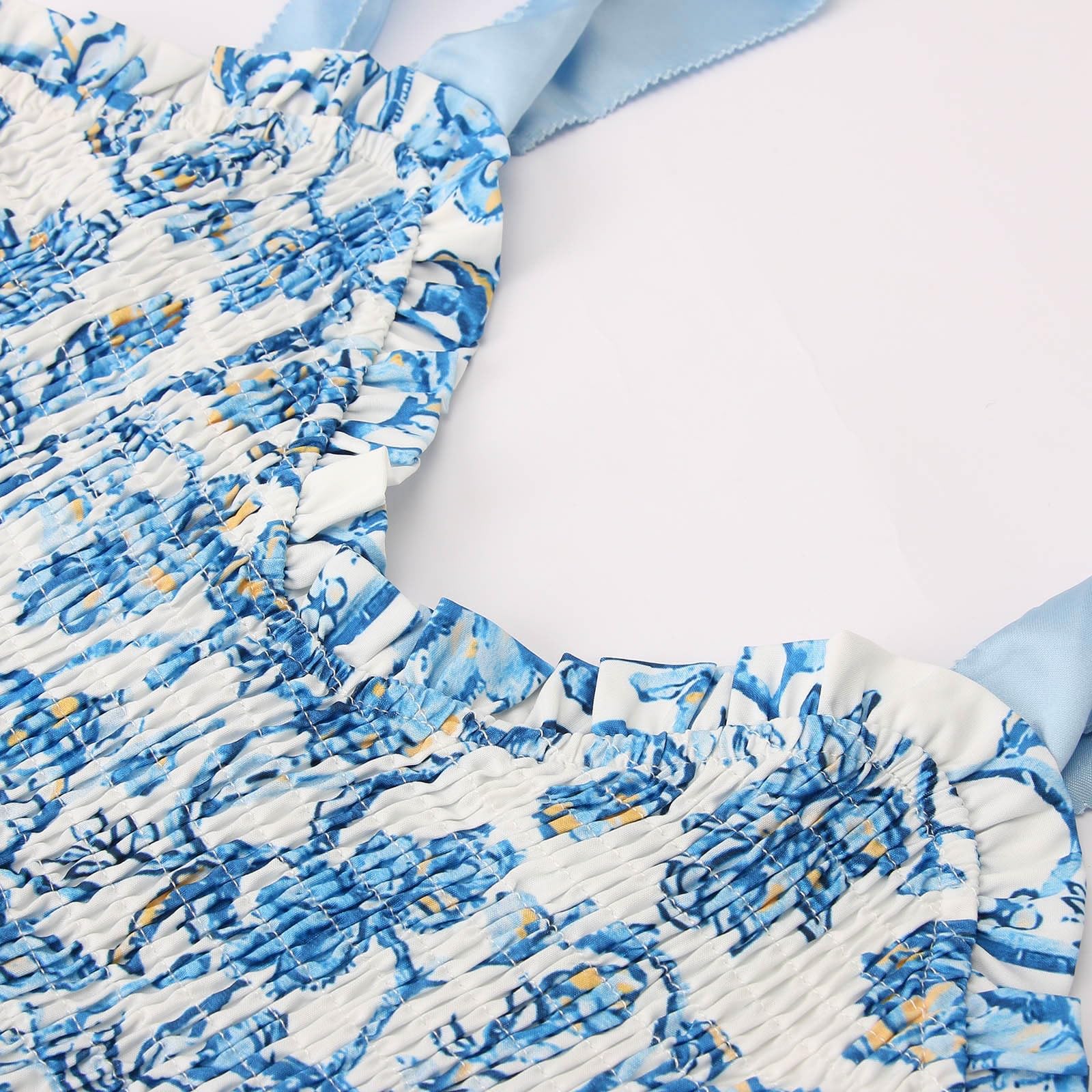 2024 Women's Work & Summer Dresses - Flowy Smocked Maxi Boho Dress with Sleeveless Tie Shoulder in Floral Print | Light Blue Medium | Perfect for Beach, Office & Casual Outings