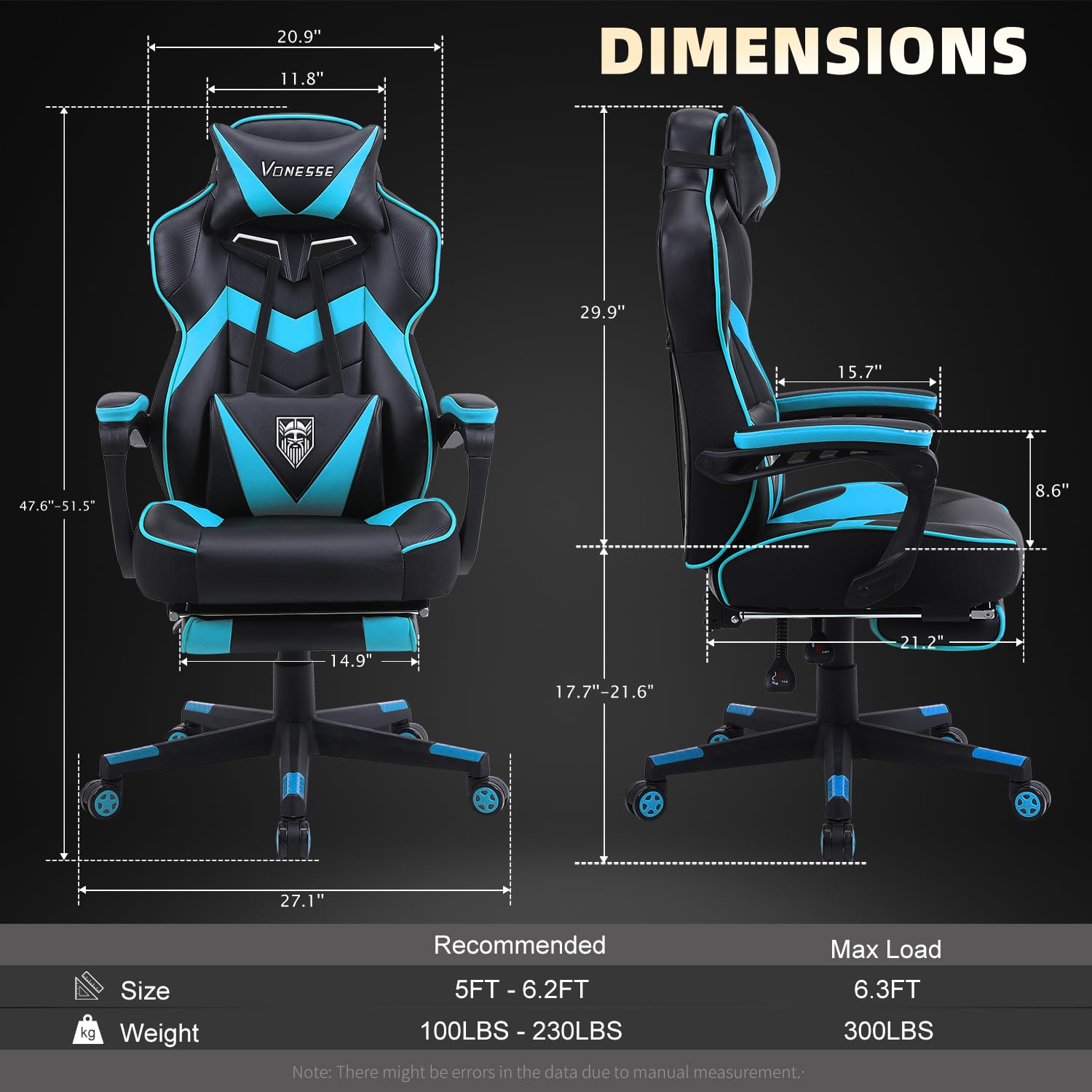 Vonesse Ergonomic Gaming Chair with Adjustable Footrest - Big & Tall Computer Chair for Adults - High Back Reclining Office Chair with Lumbar Massage - Cyan/Black - Perfect for Esports, Streaming & Home Office