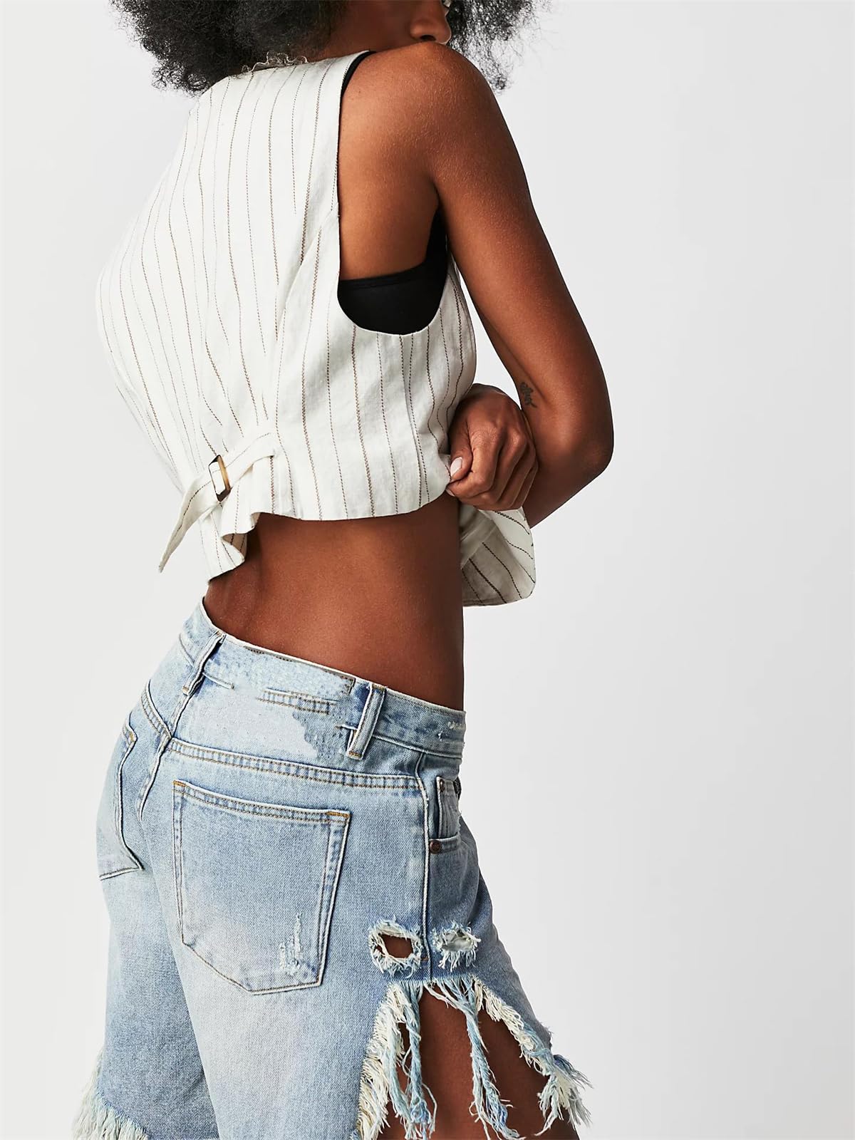 Women's Ripped High Waist Denim Shorts - Distressed Hem Mid Thigh Jean Shorts for Summer | Y2K Frayed Jorts for Casual Outfits & Beach Wear