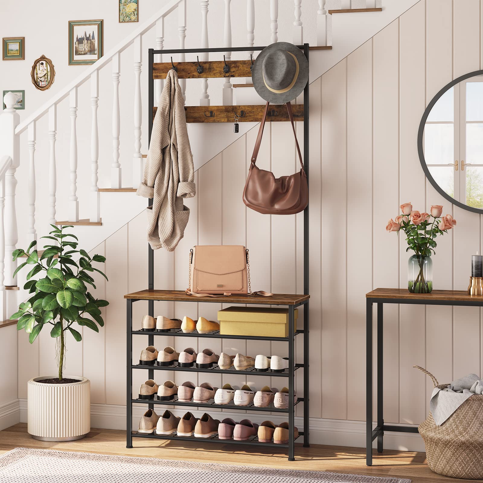 HOOBRO Industrial Hall Tree with Bench - 5-Tier Shoe Storage & 9-Hook Coat Rack for Entryway, Closet - Rustic Brown & Black BF80MT01G2 - Perfect for Mudroom Organization & Small Space Entry Solutions