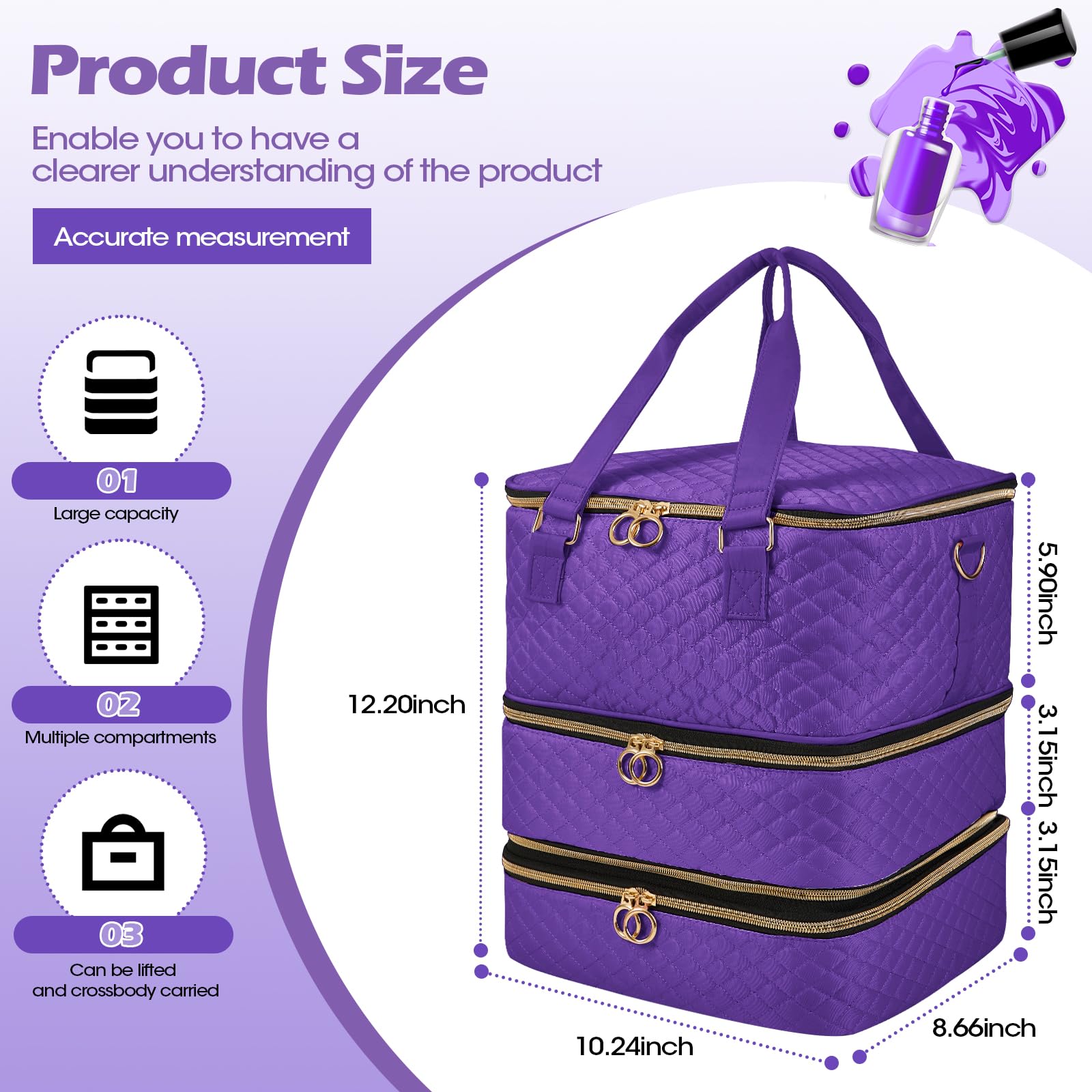 3-Layer Nail Polish Organizer Case with Adjustable Dividers - Holds 84 Bottles, Nail Lamp & Kit Supplies - Portable Storage Box for Nail Salon & Home Use - Purple