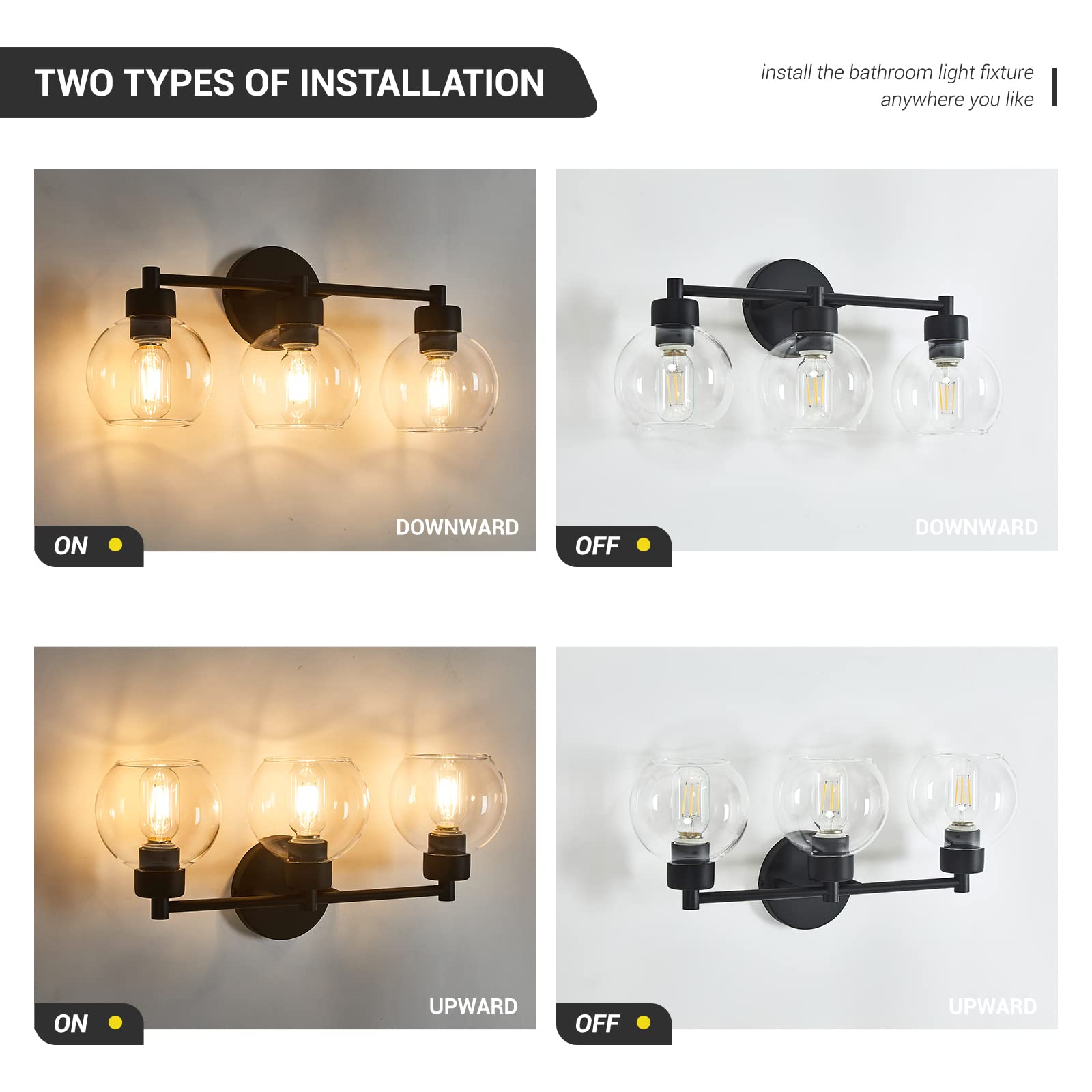 3-Light Black Round Bathroom Vanity Light Fixture with Clear Globe Glass - Matte Black Wall Sconce for Mirror, Bedroom, Living Room & Kitchen - Perfect for Modern Home Decor and Bathroom Makeovers