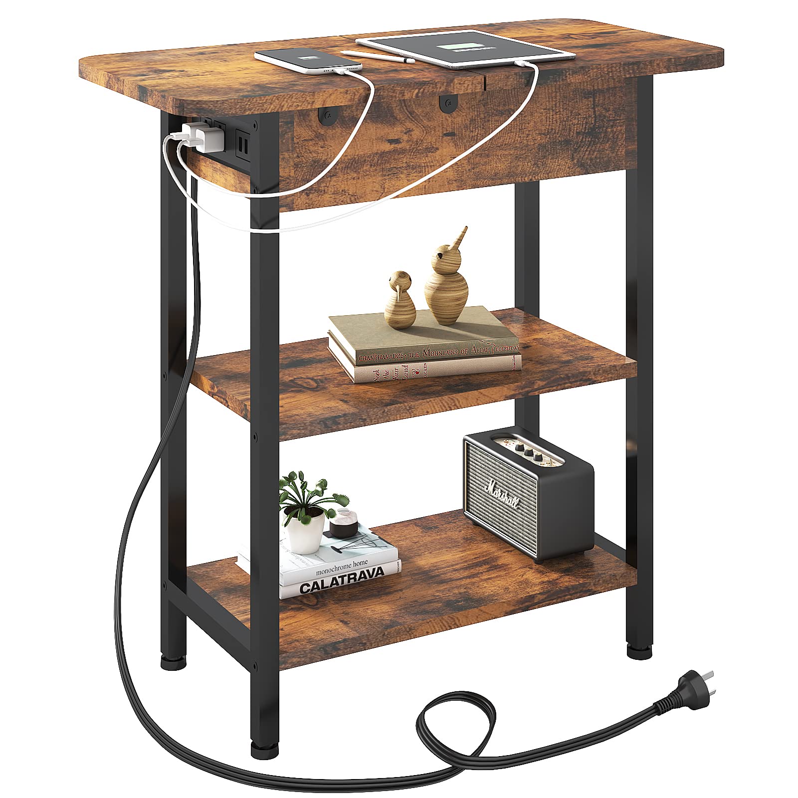 LIDYUK Flip Top End Table with Charging Station - Nightstand with USB Ports & Outlets, Storage Shelf for Small Spaces - Perfect for Bedroom, Living Room as Bedside Table or Side Table (Brown) - Ideal for Charging Devices & Organizing Essentials in Compact Spaces
