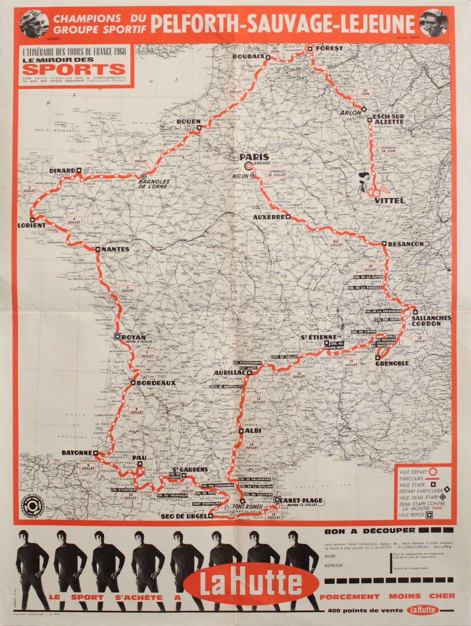 Vintage 1968 Tour de France Bicycle Racing Poster - Original French Cycling Map Wall Art for Home, Office & Cycling Enthusiast Decor