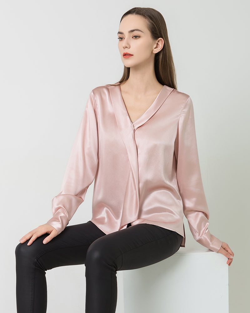 Elegant Silk V-Neck Tie Blouse for Women - Soft & Breathable Office Wear, Business Casual & Party Outfits