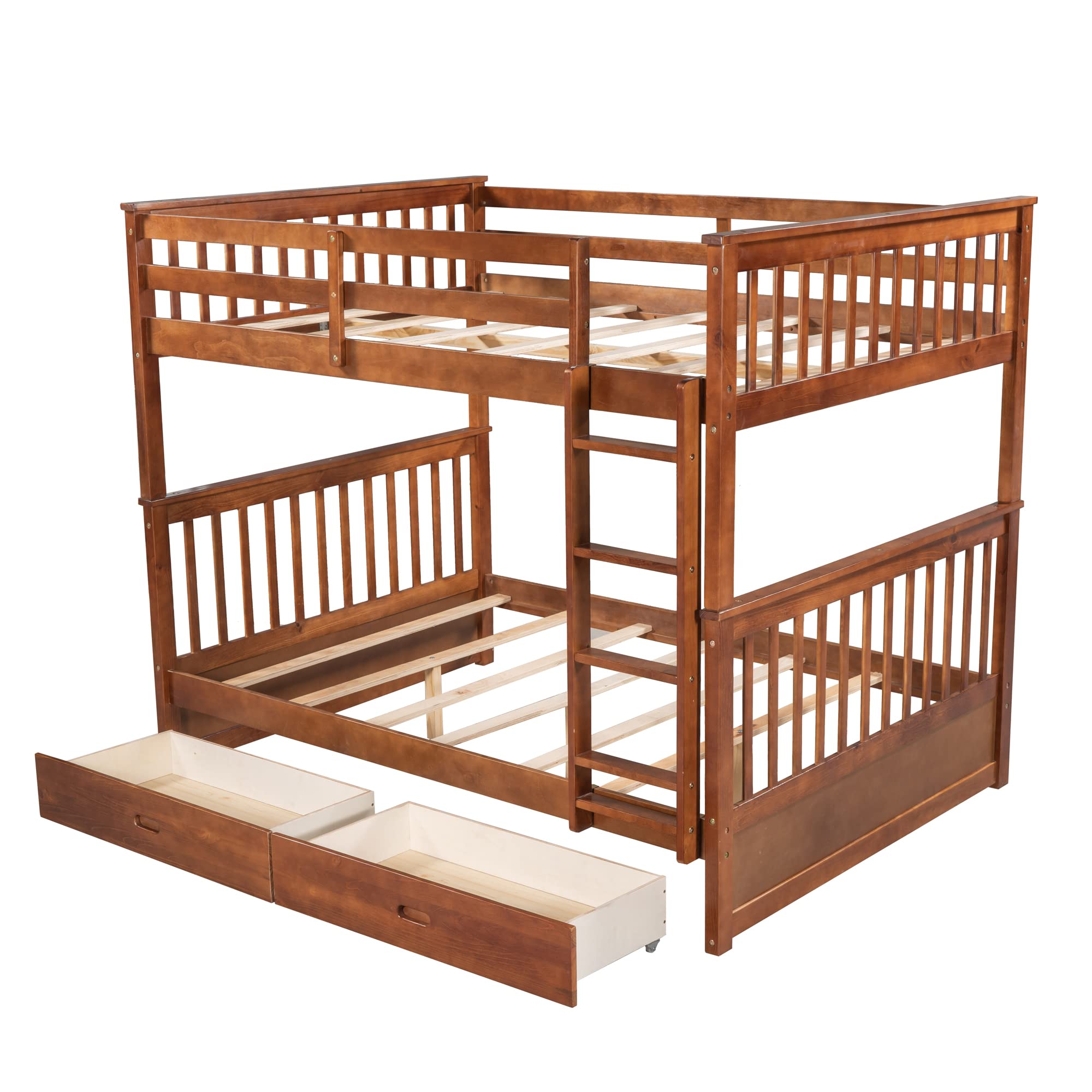 Harper & Bright Designs Full Over Full Bunk Bed with Drawers - Solid Wood Bunk Bed Frame with Ladder & Storage - Twin Size Space Saving Bedroom Furniture (Walnut) - Perfect for Kids' Rooms, Guest Rooms & Small Spaces