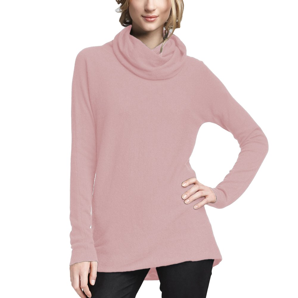 Parisbonbon Women's 100% Cashmere Cowl Neck Sweater - Soft Shell Pink Pullover, Size Large | Cozy Winter Wear, Office Outfit & Casual Chic Look
