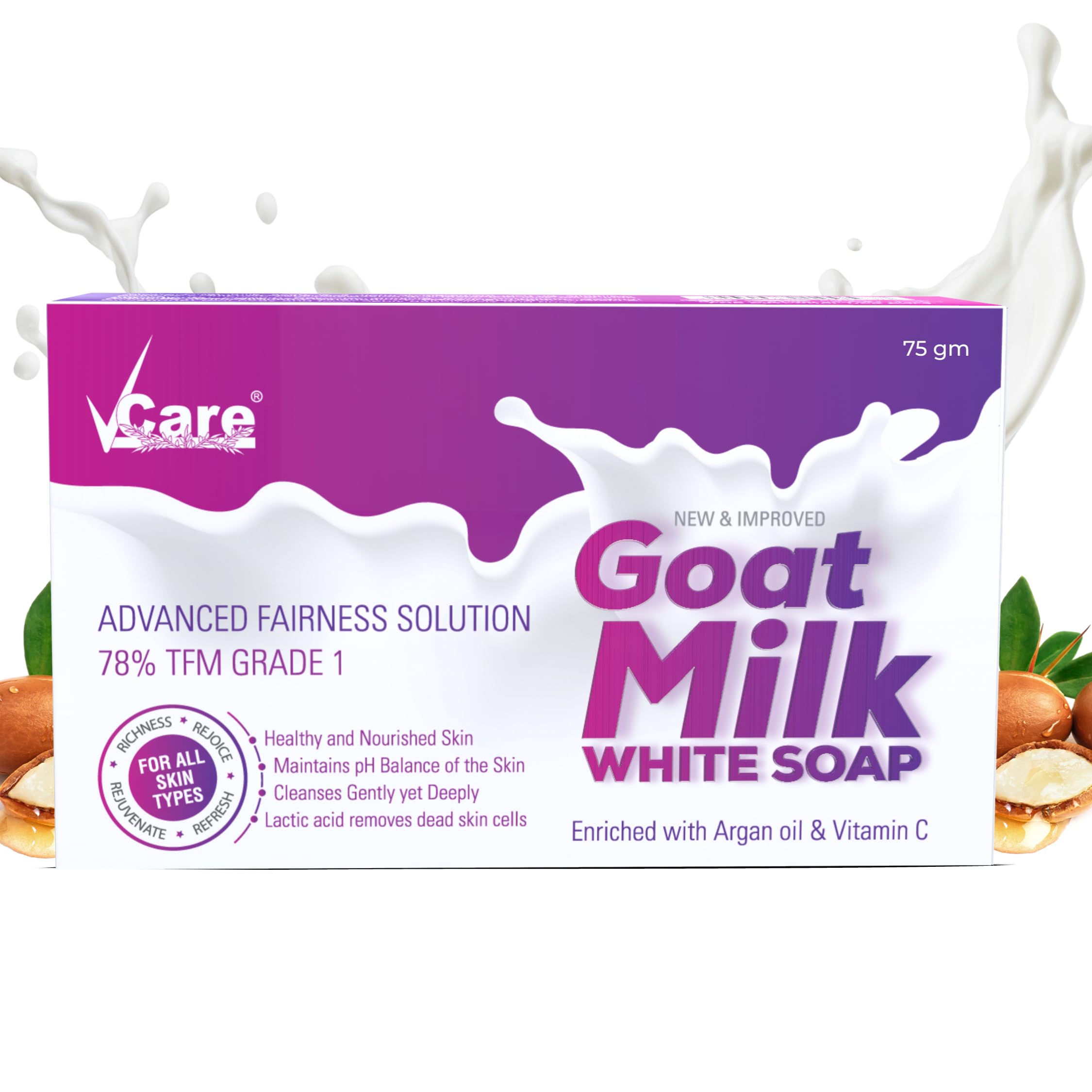 VCare Goat Milk Soap Bar with Vitamin C & Argan Oil - Deep Exfoliation & Hydration for Women & Men | Sulfate Free, Paraben Free, Natural Bath Soap - 75g (Pack of 5) | Gentle Cleansing for Dry, Sensitive Skin & Daily Face & Body Care