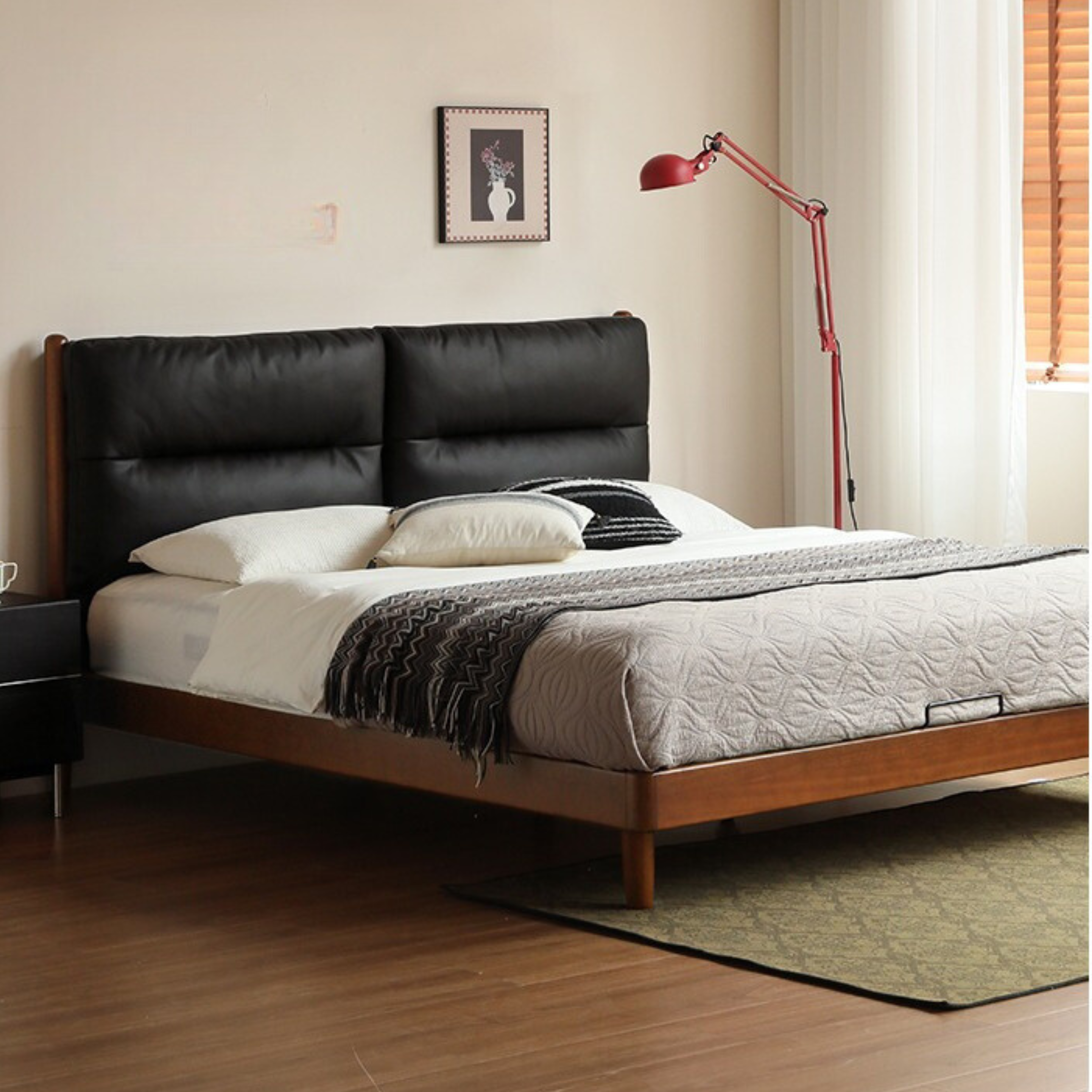 Solid Poplar Wood Bed Frame - Queen Size Retro Platform Bed with Soft Upholstered Headboard - Perfect for Master Bedroom, Guest Room, and Cozy Farmhouse Decor