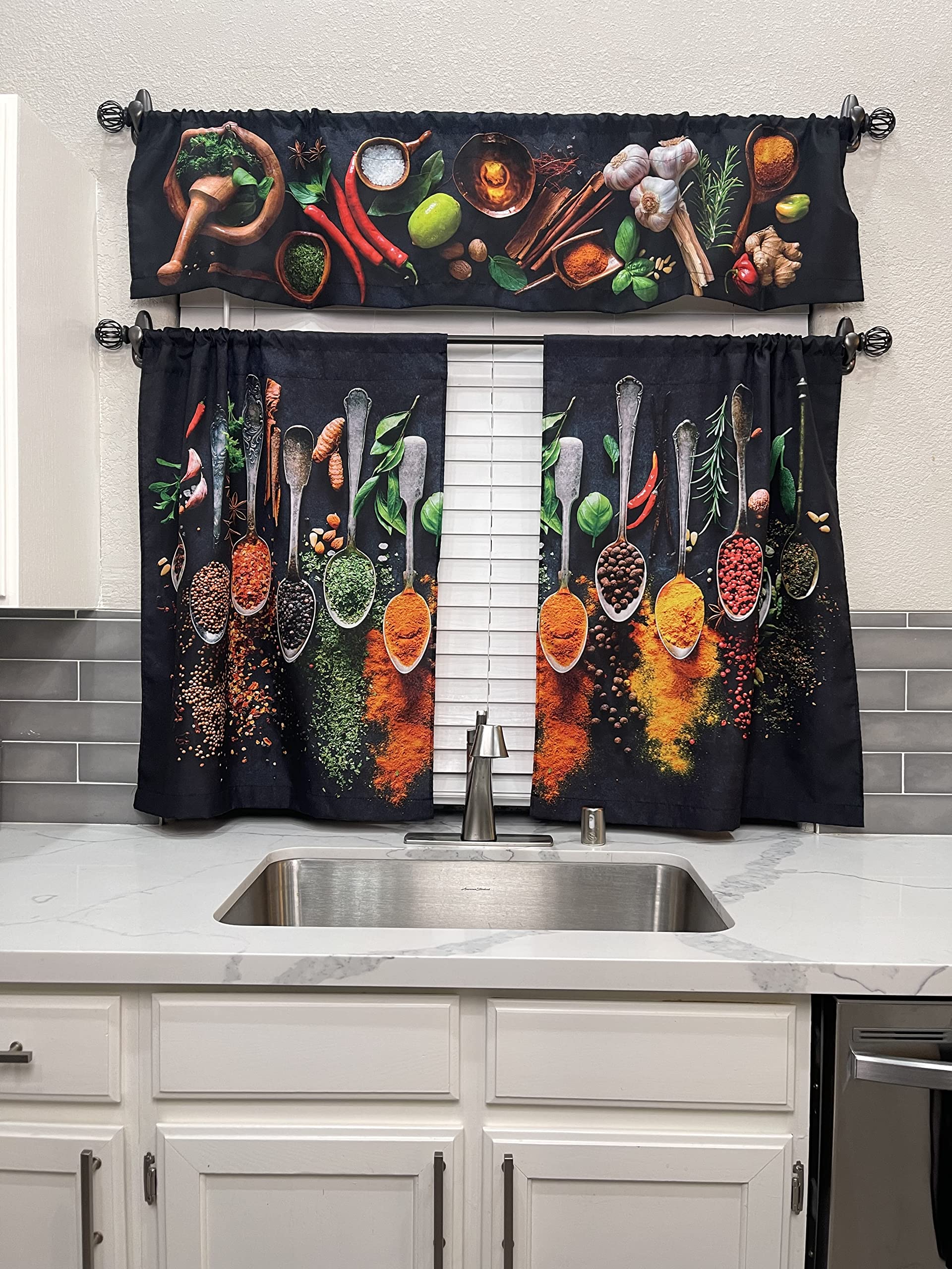 UpNUpCo Artistic Spicy Kitchen Curtain Set - 3-Piece Spicy Themed Fabric Window Treatment with Valance for Mexican, Southwestern & Eclectic Home Decor - Perfect for Kitchens, Dining Rooms & Farmhouse Style Interiors