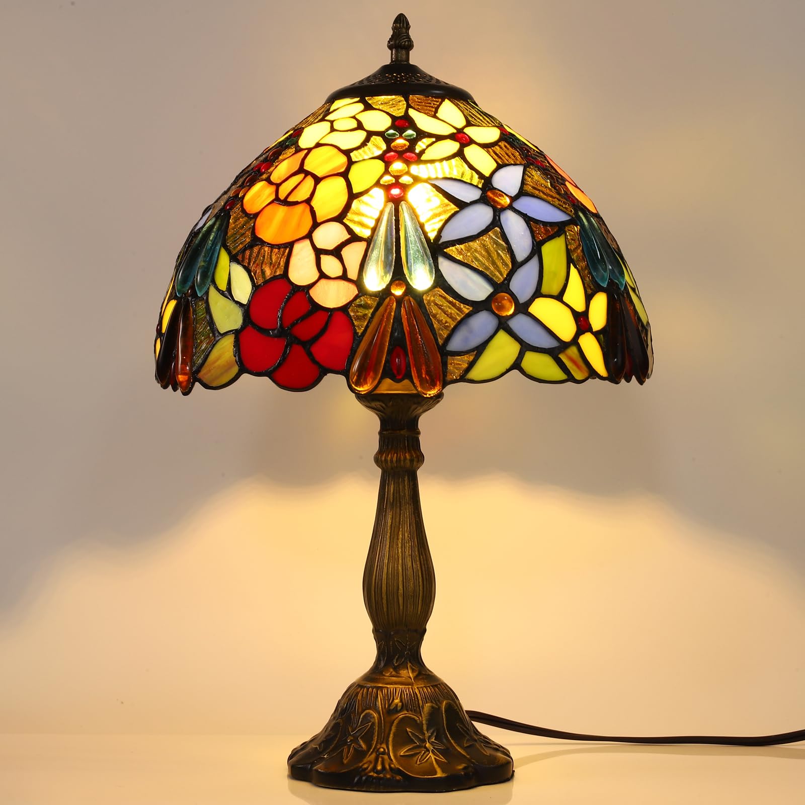 Tiffany Style Stained Glass Table Lamp - 12x18 Inch Rose Flower Grape Design, Bedside Nightstand Lamp for Bedroom, Living Room, Dining Room, Office & Hotel Decor | Perfect for Reading, Ambient Lighting and Home Decoration