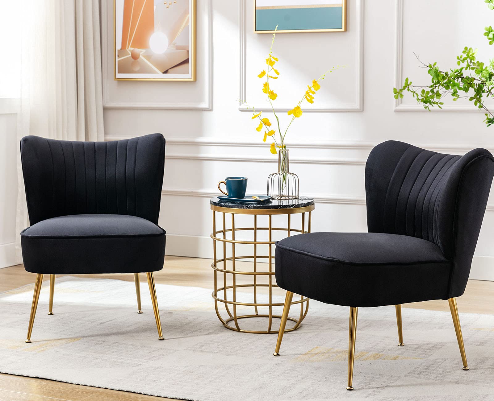 Velvet Accent Chairs Set of 2 - Mid-Century Modern Upholstered Side Chairs with Golden Legs, Armless Wingback Slipper Chairs for Living Room, Guest Room & Bedroom - Comfy Corner Seating for Home Decor, Black