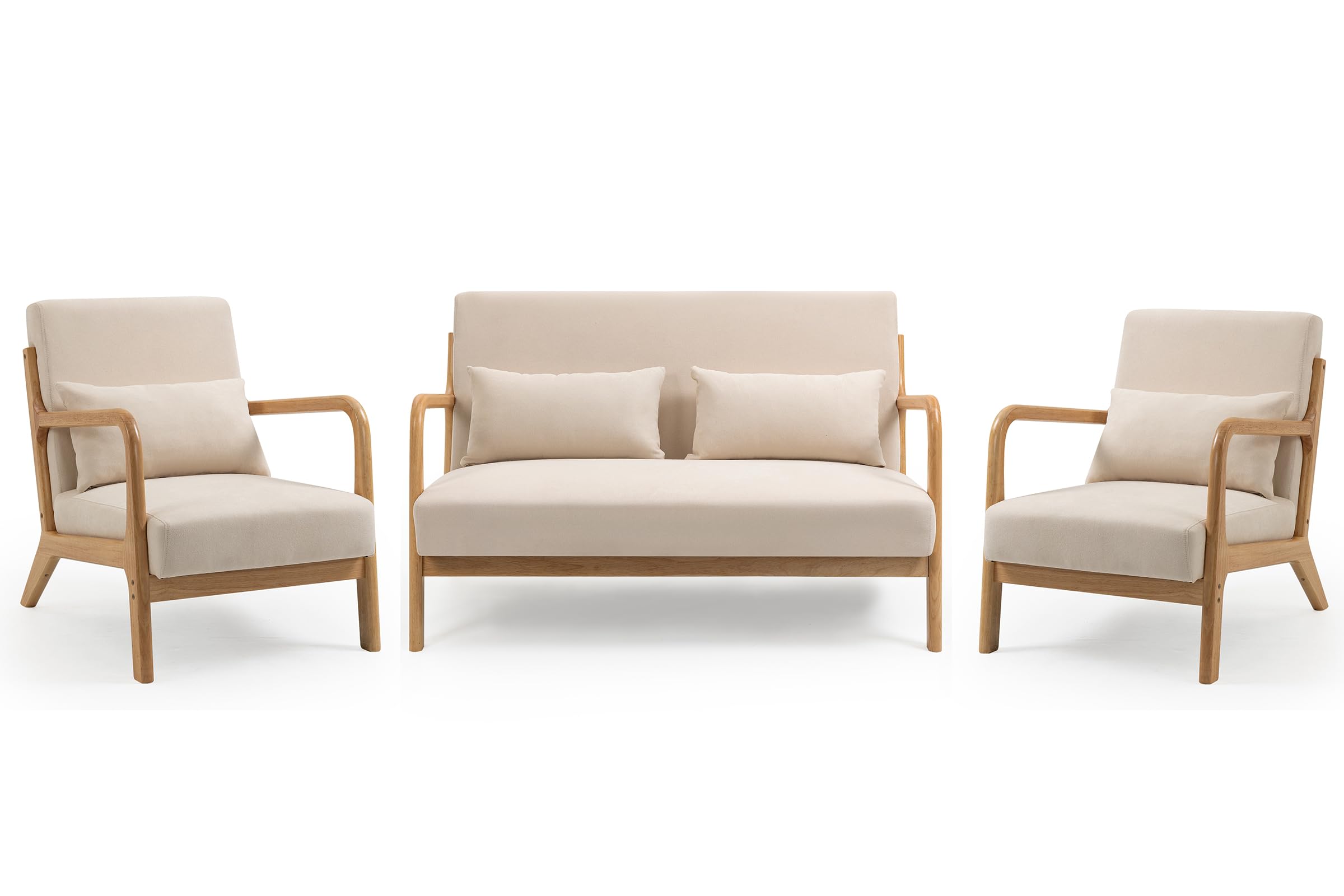 JOYBASE Mid-Century Modern Loveseat and 2 Accent Chairs Set - Compact Sofa for Small Spaces, Apartments, Offices - Beige Living Room Furniture | Perfect for Studio Apartments, Cozy Reading Nooks & Home Offices