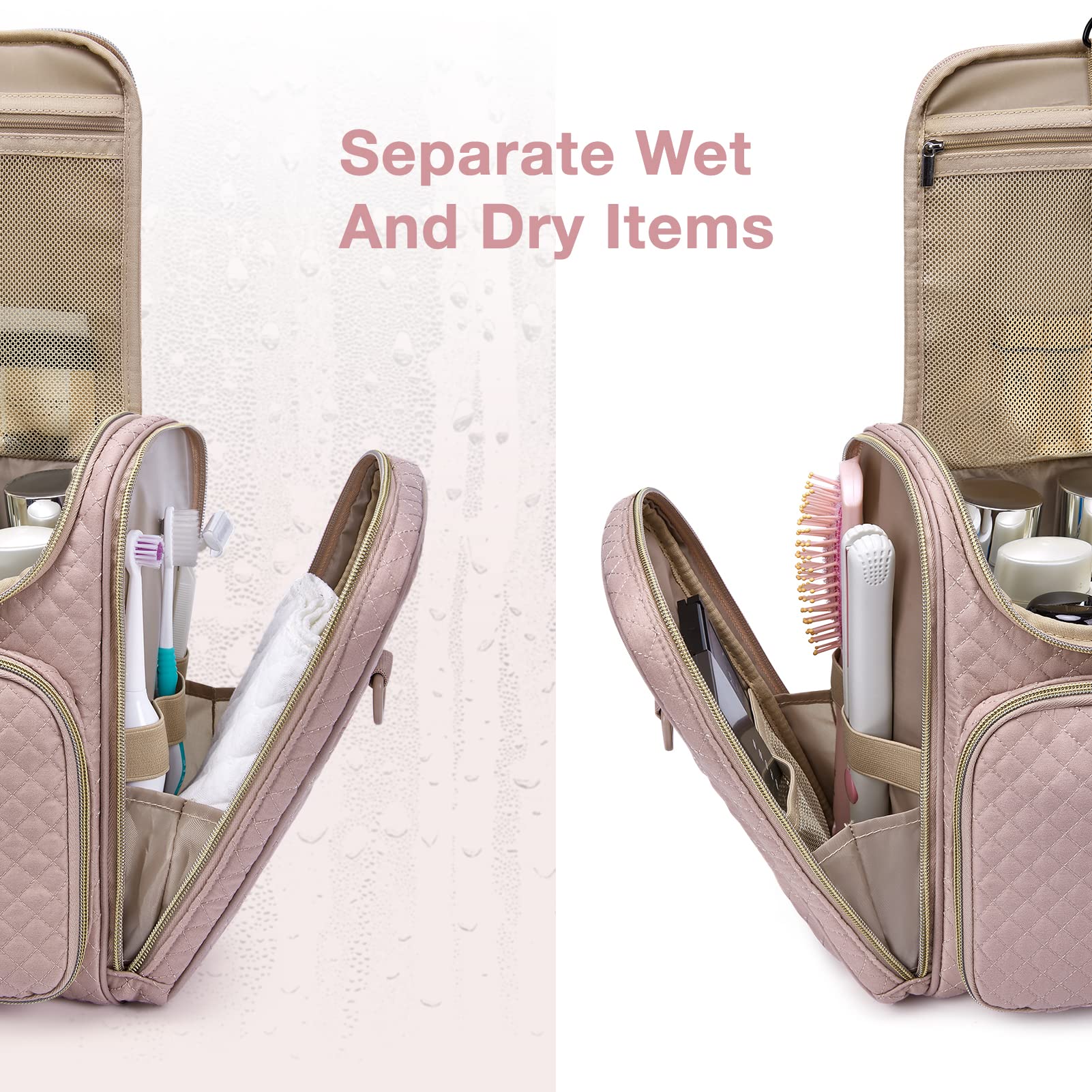 BAGSMART Large Hanging Travel Toiletry Bag for Women - Waterproof Cosmetic Makeup Organizer with Multiple Pockets for Full-Sized Toiletries, Pink - Perfect for Vacation, Business Trips & Gym Essentials