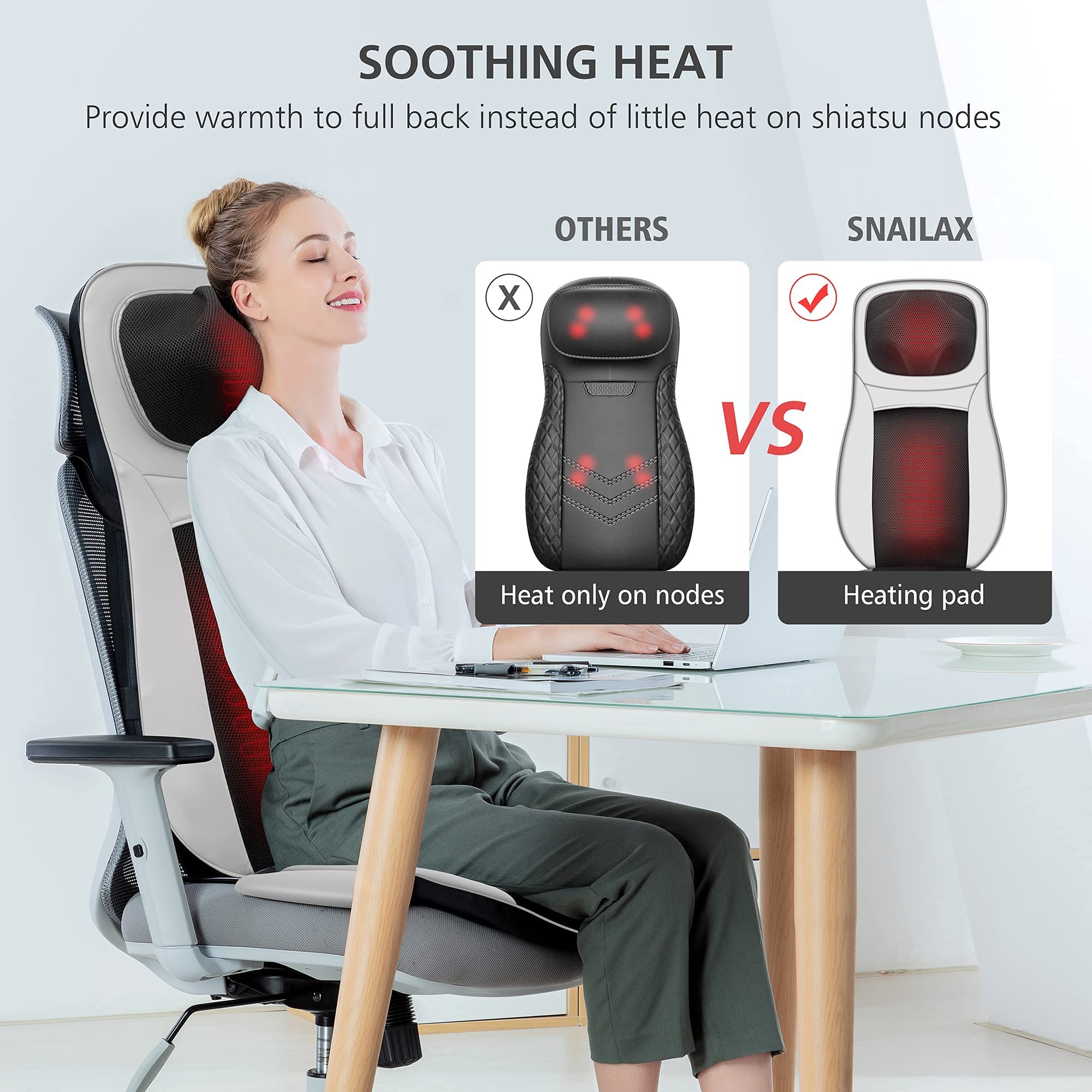 Snailax Shiatsu Neck and Back Massager with Heat - Kneading Rolling Massage Cushion for Back Pain Relief, Full Body Massage Chair Pad - Perfect for Office, Home & Car Use - Great Gift Idea for Men & Women