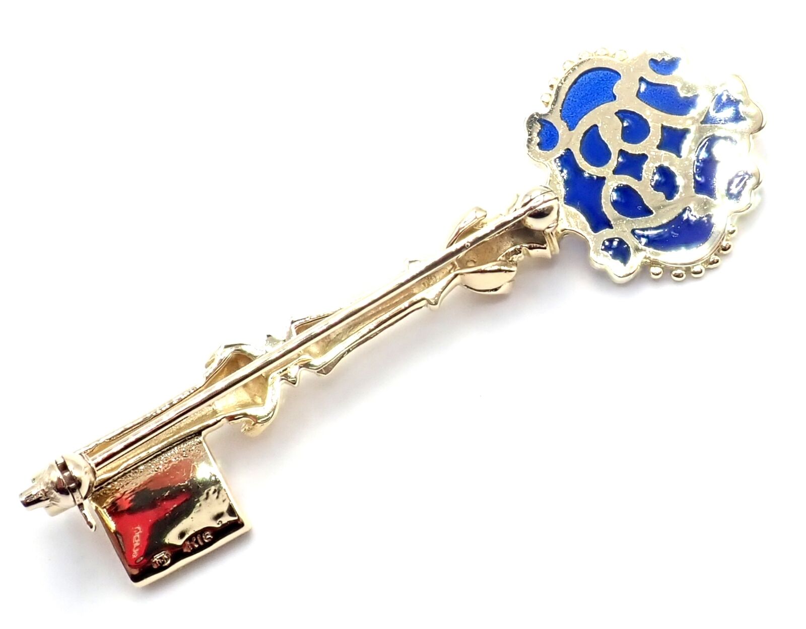 Authentic Vintage Mikimoto 18k Yellow Gold Blue Enamel Key Brooch Pin - Elegant Jewelry Gift for Women, Perfect for Weddings, Parties & Special Occasions