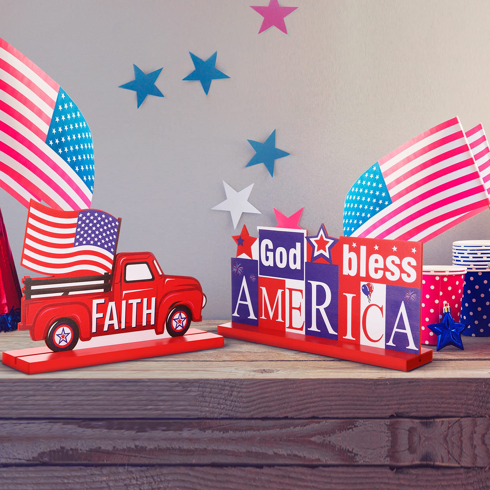 4th of July Wooden Table Centerpiece - 4-Piece Patriotic Table Decor Set with 