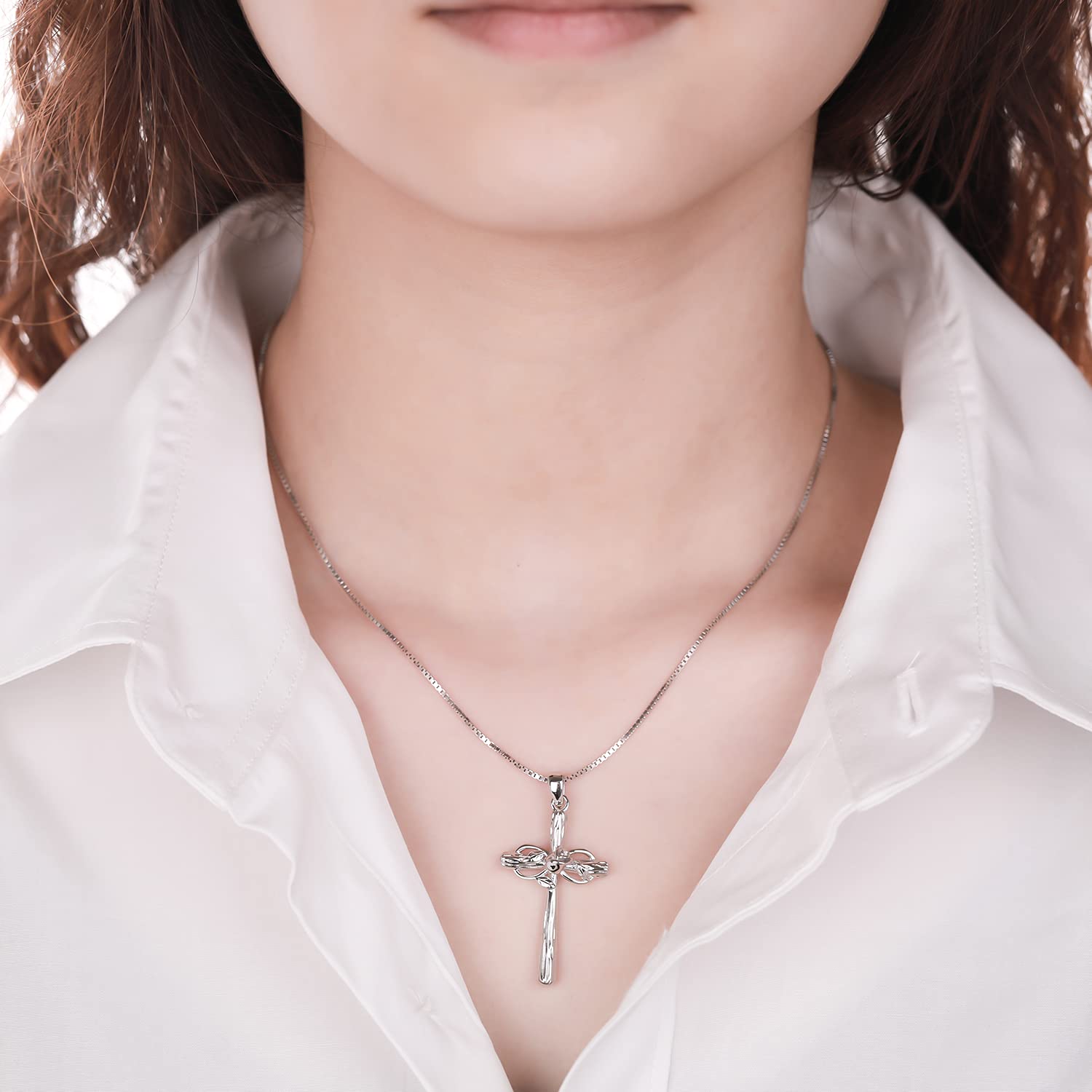 Sterling Silver Cross Necklace with Infinity Rose Charm - Elegant Christian Jewelry for Women, Baptism Gift, First Communion, Confirmation & Everyday Faith Wear