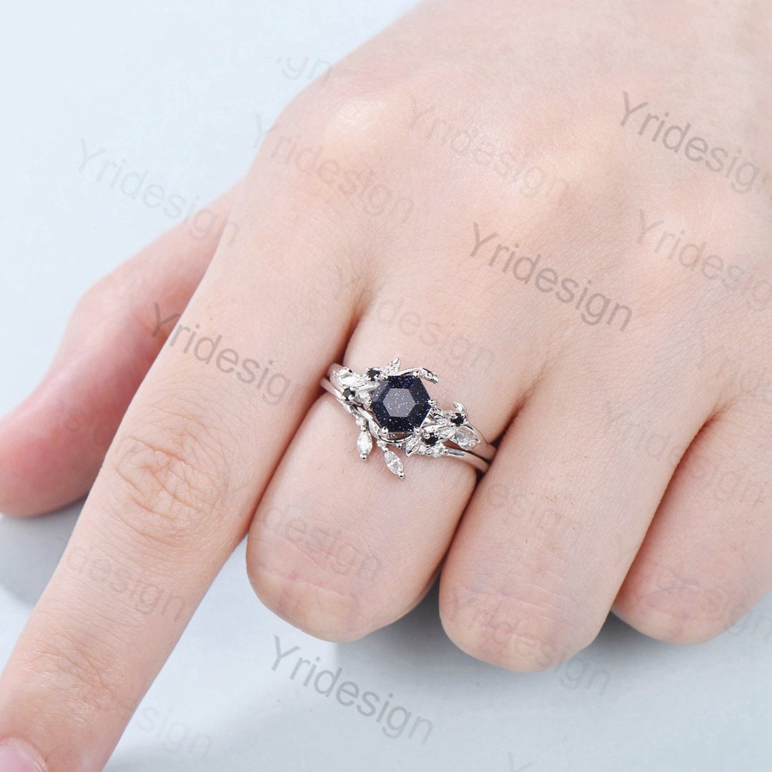 2Pcs Vintage Blue Sandstone Wedding Ring Set - Elegant Leaf Galaxy Engagement Ring for Women, Crystal Promise Ring, Unique Bridal Jewelry Set - Perfect for Anniversaries, Proposals & Special Occasions