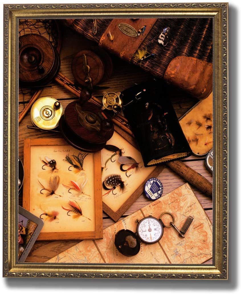 Vintage Fly Fishing Reel & Wooden Lure Wall Art - 8x10 Inch Framed Picture Print in Gold | Rustic Home Decor for Fishing Enthusiasts, Cabin & Man Cave Wall Decor