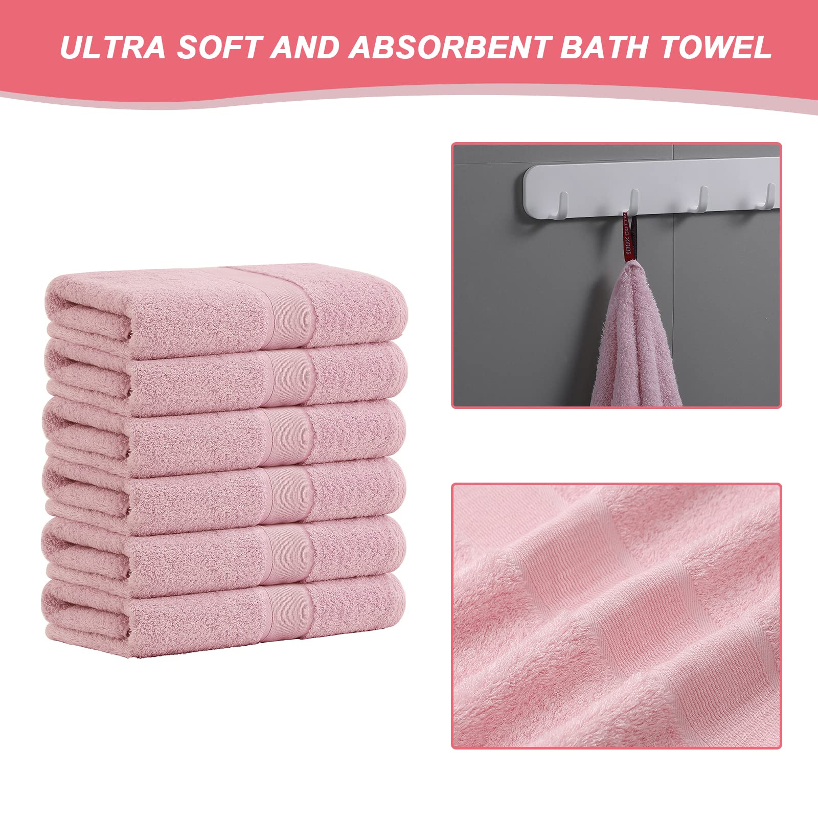 Aibaser 6-Piece Ultra Soft & Absorbent Bath Towels Set, 27x54 Inches - Natural Cotton for Bathroom, Shower, Gym, Travel & Spa | Quick-Drying & Luxurious (Pink) - Perfect for Home, Hotels & Gifts