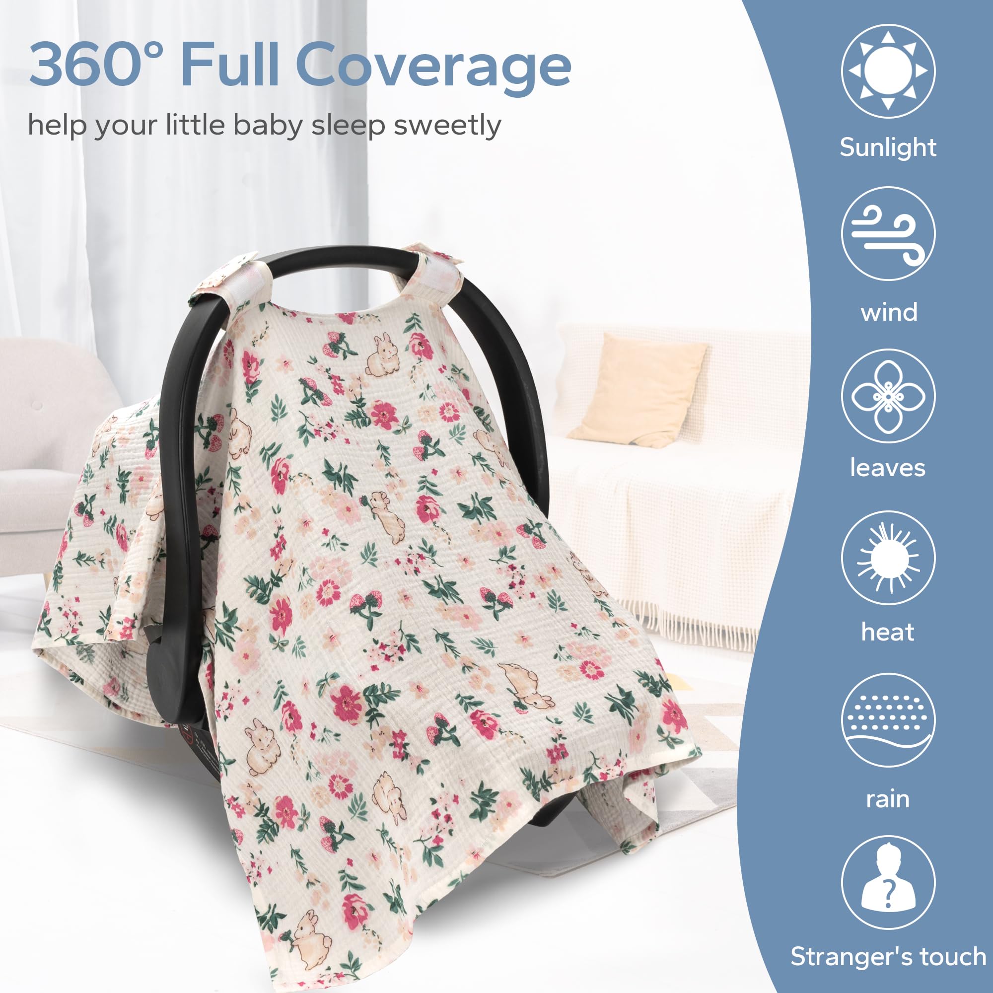 SERAPHY 100% Muslin Cotton Baby Car Seat Cover - Universal, Breathable Infant Car Seat Canopy for Boys & Girls - Soft Summer Car Seat Protector with Rabbit Design - Perfect for Strollers, Travel & Outdoor Adventures