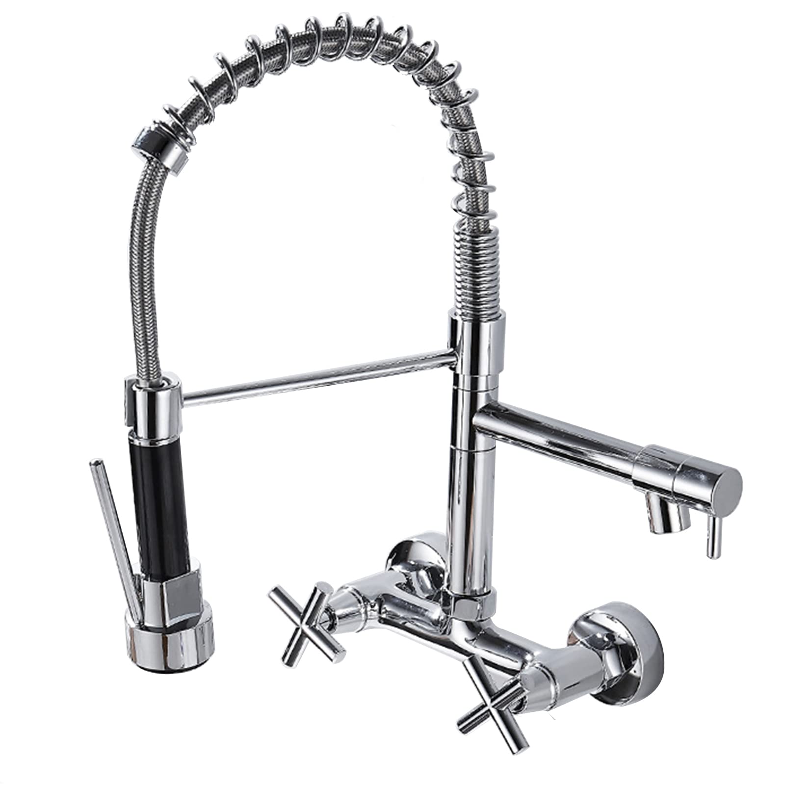 Stainless Steel Kitchen Faucet with Pull Down Sprayer - Dual Holes Wall Mount Spring Sink Faucet 360° Rotation Brass Double Cross Knobs for Hot & Cold Water Mixer Tap in Chrome - Perfect for Modern Kitchens & Restaurant Sinks