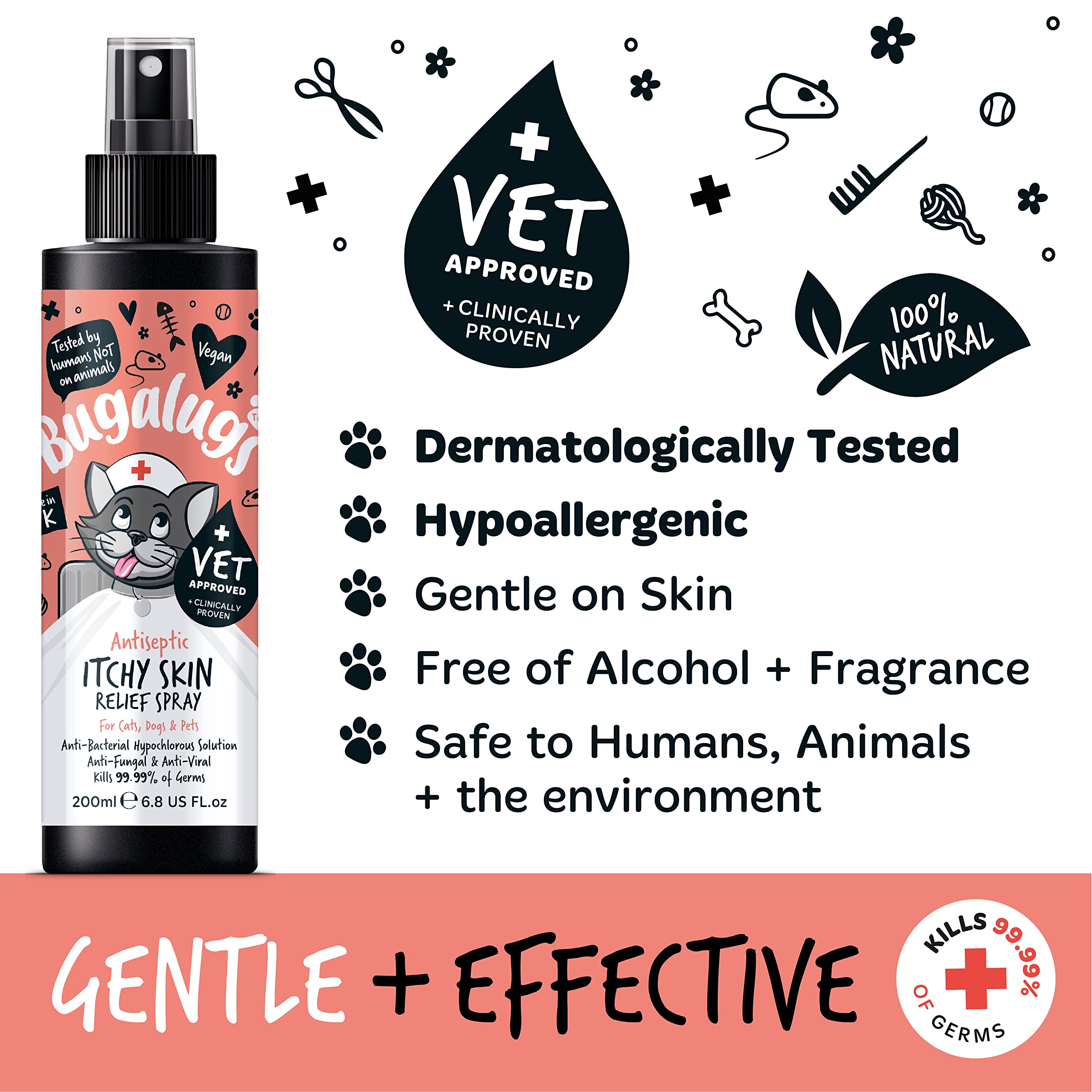 BUGALUGS Antiseptic Itch Relief Spray for Cats & Kittens - 200ml Antibacterial, Antifungal, Antiviral Treatment for Cat Skin Problems, Acne & Scratching - Soothes Itchy Skin in Small Pets & Animals - Perfect for Allergy Relief & Wound Care After Grooming or Outdoor Play